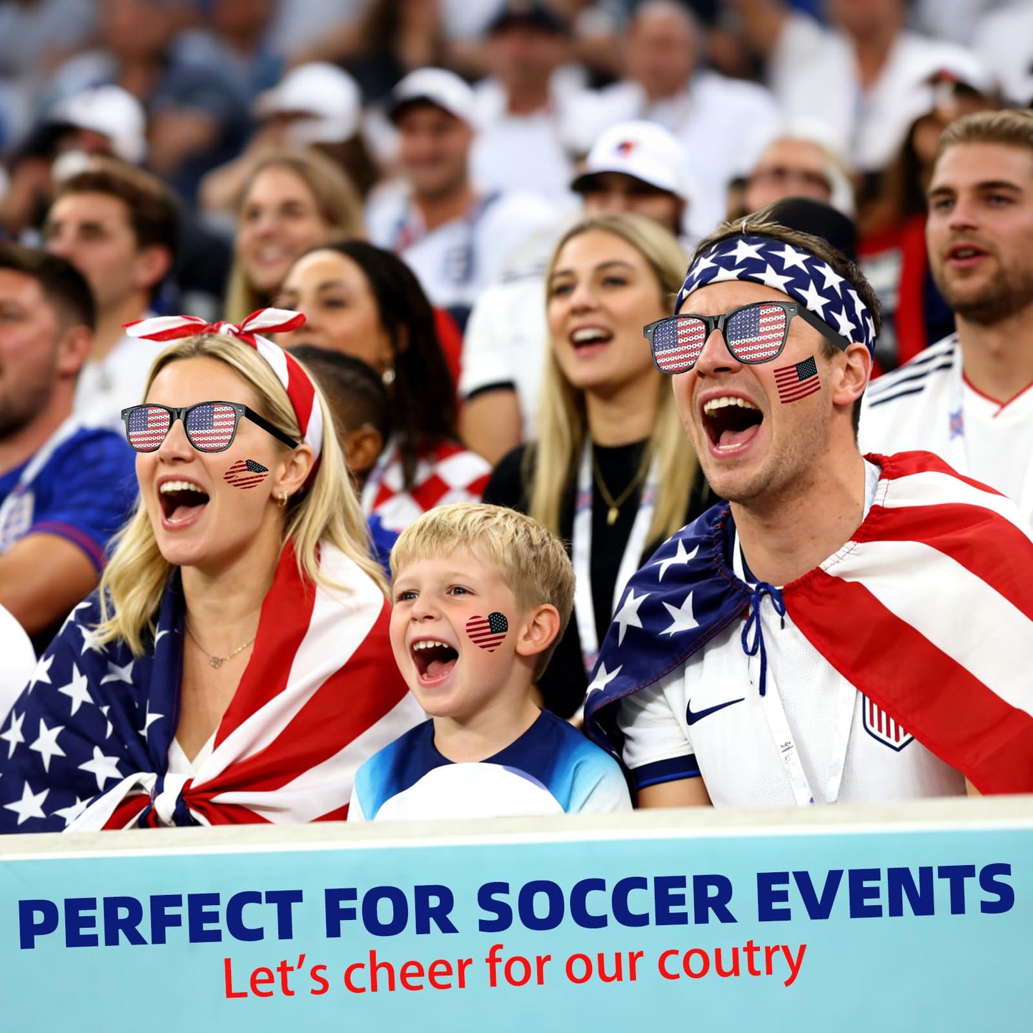 2026 Soccer Fan Flag Cape Set, National Cape Sunglasses Headband Tattoos, Flag Costume Cape for Match Day Party 4th of July(America)