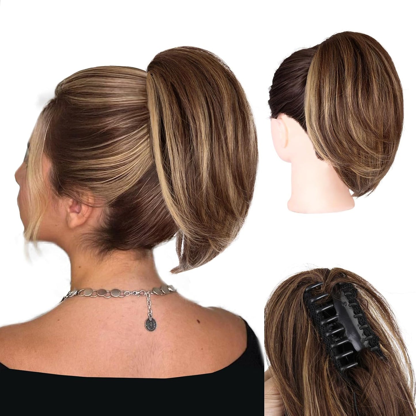 10 Inch Ponytail Extension - Straight Claw Clip Synthetic Hair | Brown with Blonde Highlights
