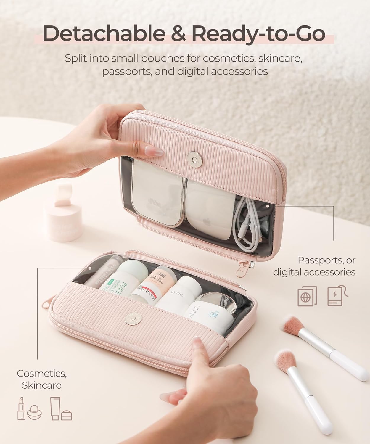 Preppy Makeup Bag - Double Detachable Cosmetic Organizer | Clear Portable Travel Pouch for Beauty & Tech Essentials