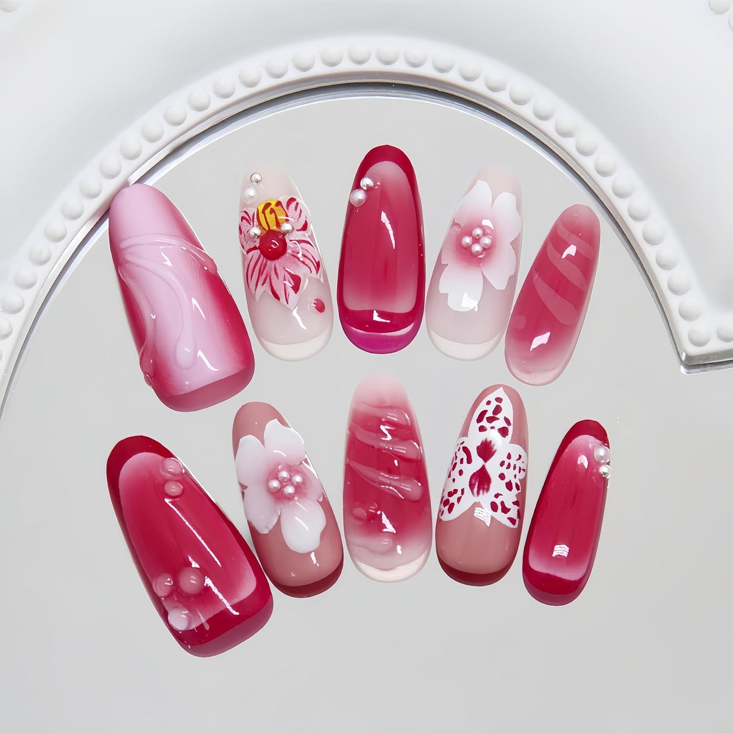 Almond Press-On Nails Set - 30Pcs 3D Pink Flower & Gold Beads | Reusable Floral Design for Beach Vacation