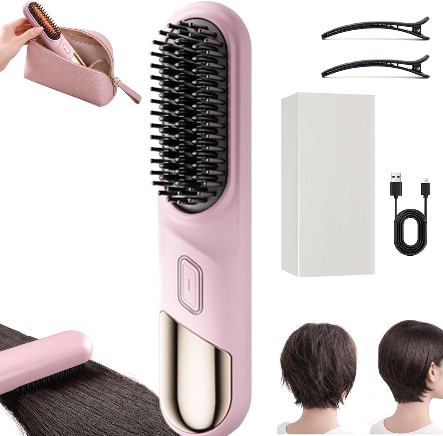 Smart Comb for Short Hair - Cordless Styling Brush with 30s Fast Heat & 4 Temperature Settings | USB Rechargeable (Pink)