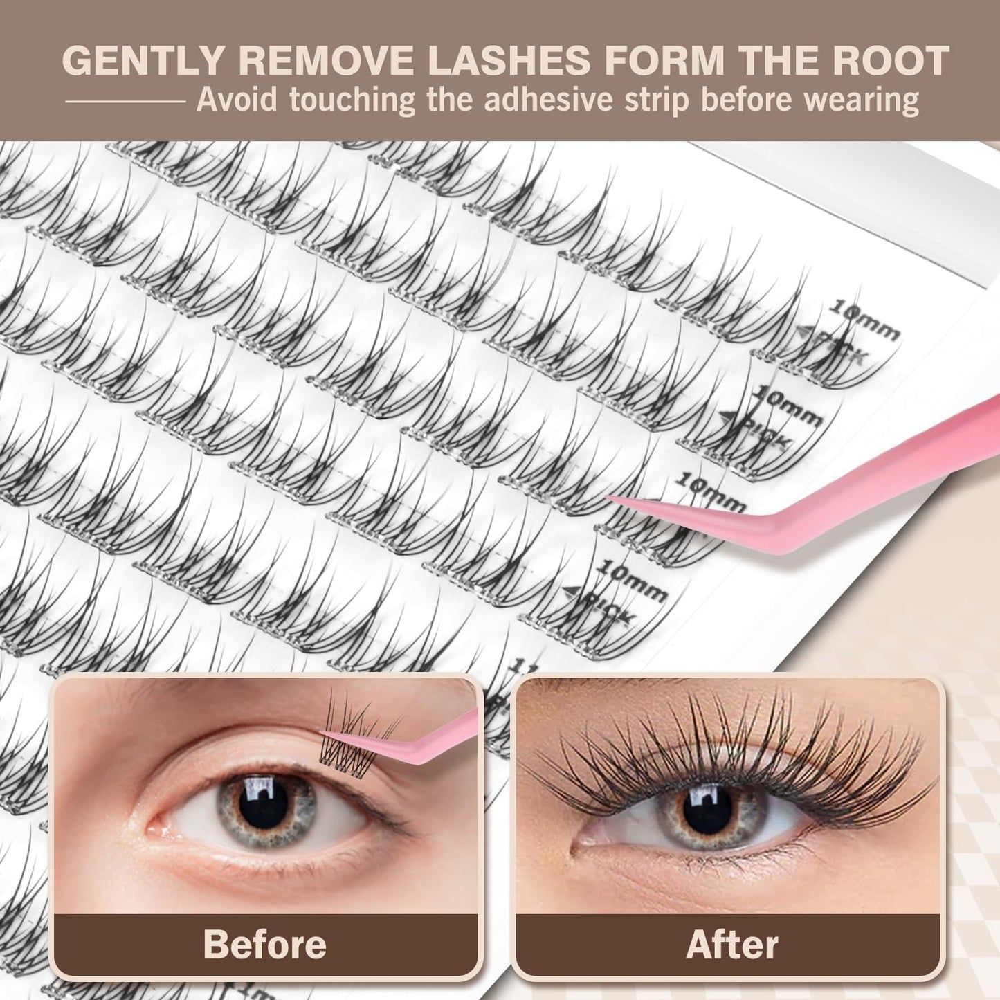 Self Adhesive Lash Clusters No-Stem 10-12mm Short Lash Clusters 156pcs Clear Invisible Band Pre Glued DIY Eyelashes Natural Soft Wispy C-Curl Individual Eyelash Extensions with Tweezers EPUDY FIHSALA