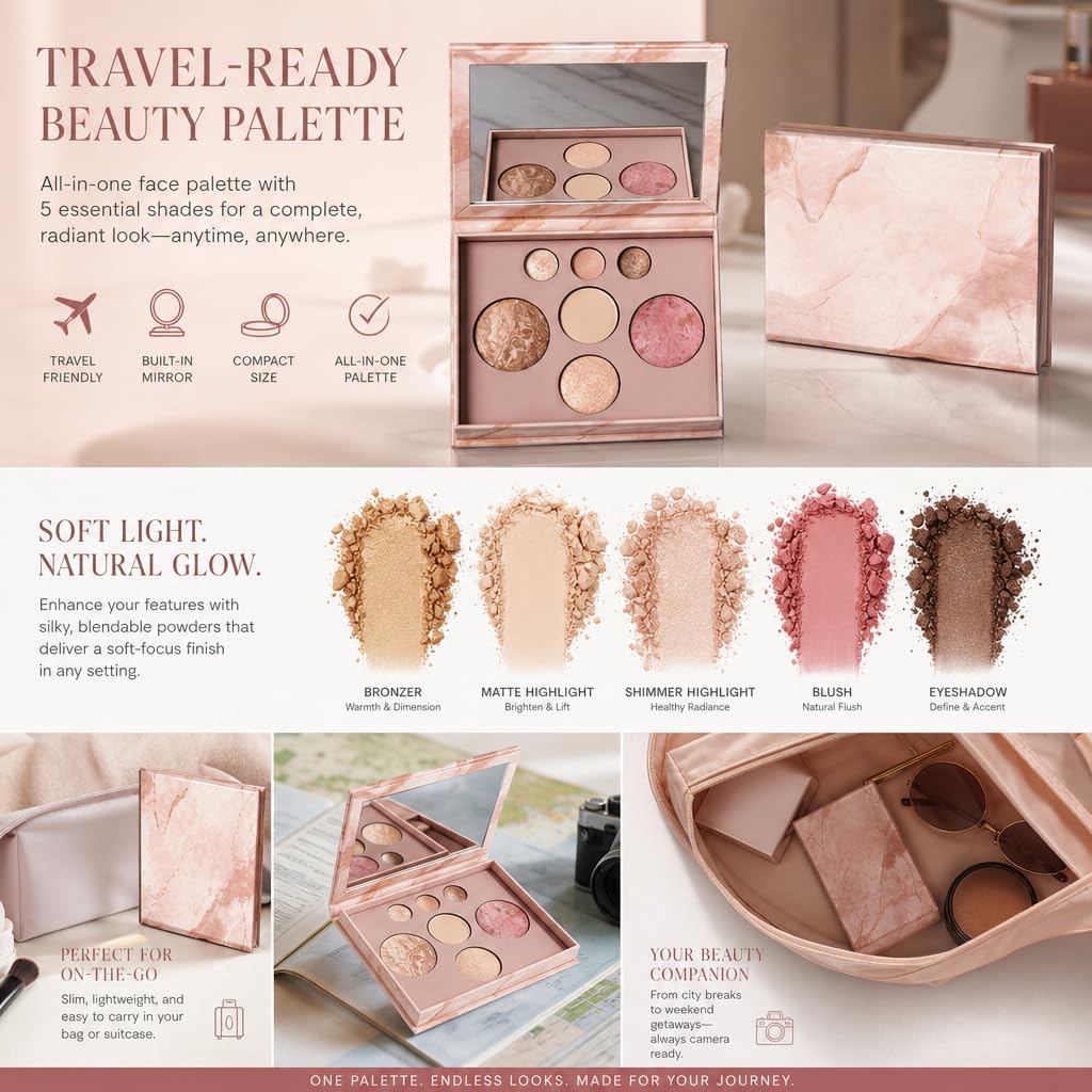 Ihuiniya 7 Colors Baked Makeup Palette, All in One Eyeshadow, Blush, Highlighter and Bronzer, Neutral Warm Tones, Natural Finish, Travel-Friendly Compact (PINK-7Color)