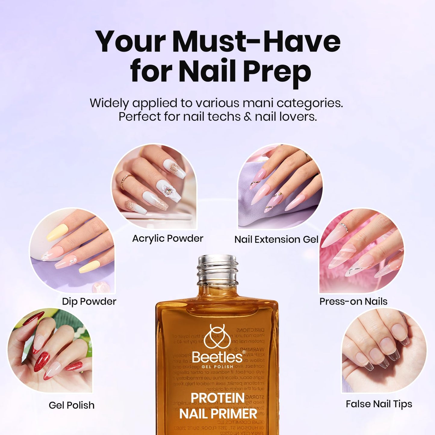 Beetles Protein Nail Primer 15ml for Gel Nail Polish, Upgraded Formula 2 in 1 Nail Bond No Lifting, Peeling, Hema & Acid Free for False Tips Acrylic & U V Prep for Women