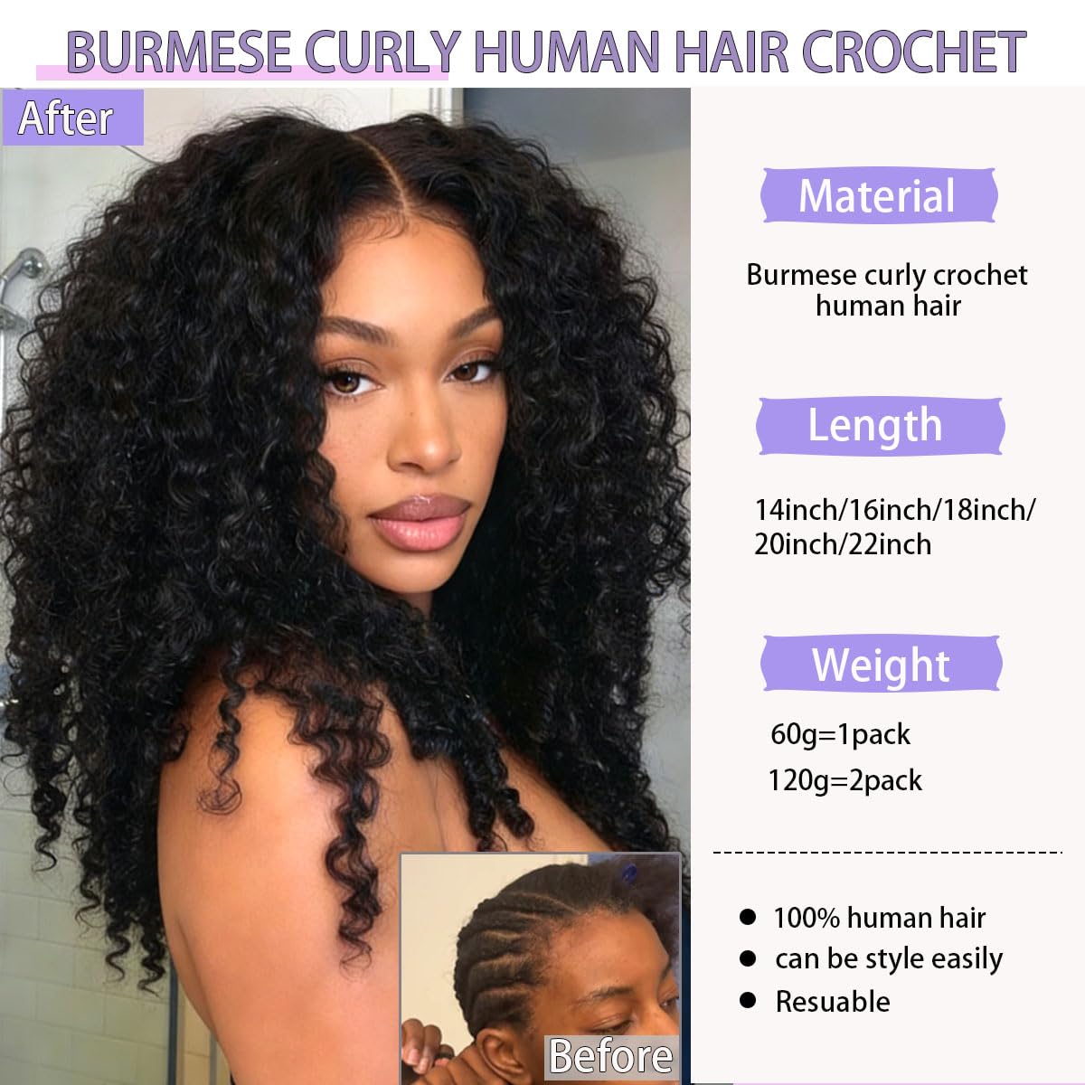 Mnador Burmese Curly Crochet Hair for Black Women 60g Pre-Separated Feather Crochet Human Hair Invisible Knotless Human Crochet Hair Reusable Lightweight Hair Extensions Natural Black 20Inch