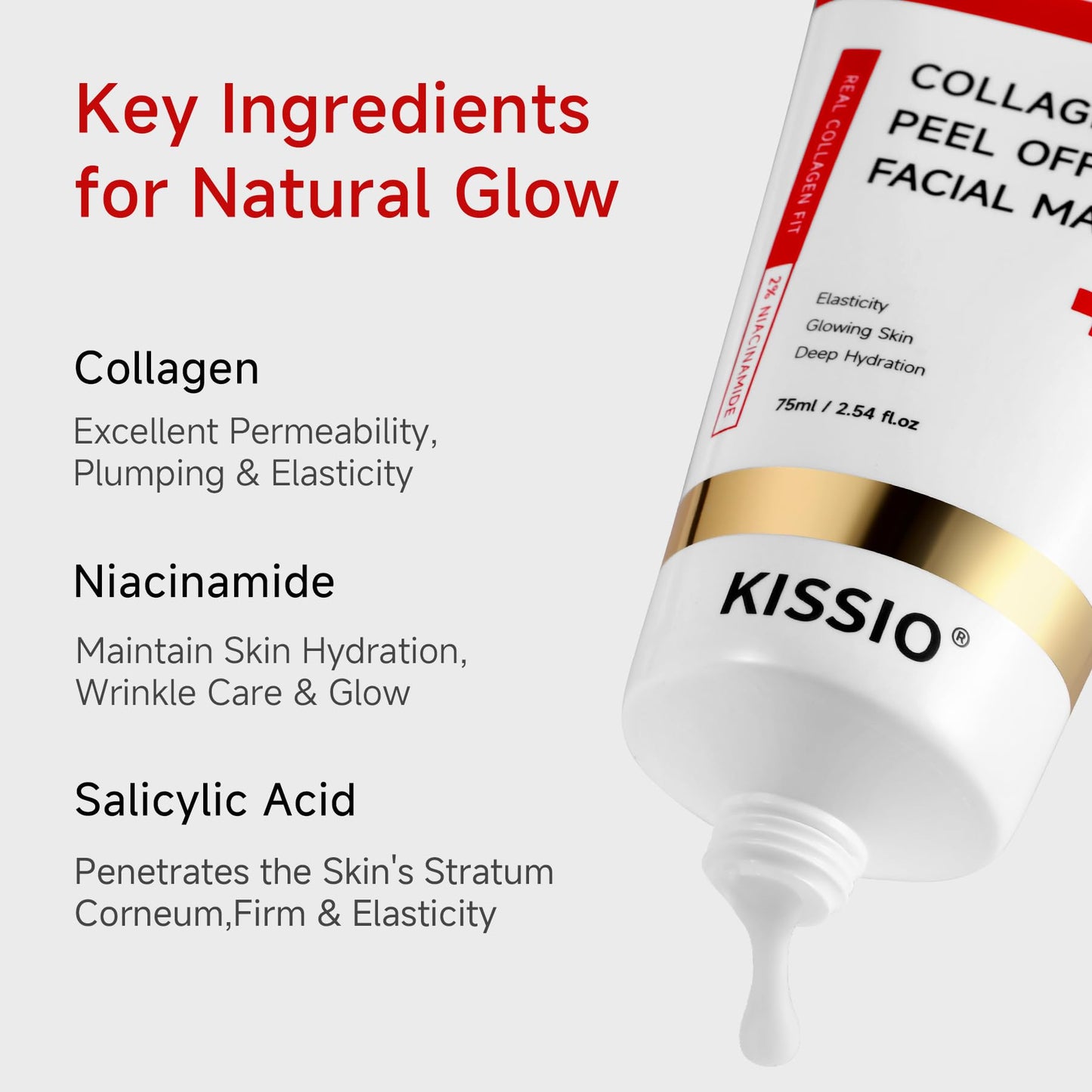 KISSIO Hydrolyzed Collagen Mask,Peel Off Mask for Glow,Hydration and Plump,Facial Mask with Collagen,2% Niacinamide and Salicylic Acid,Glass Skin Care,2.54 FL Oz