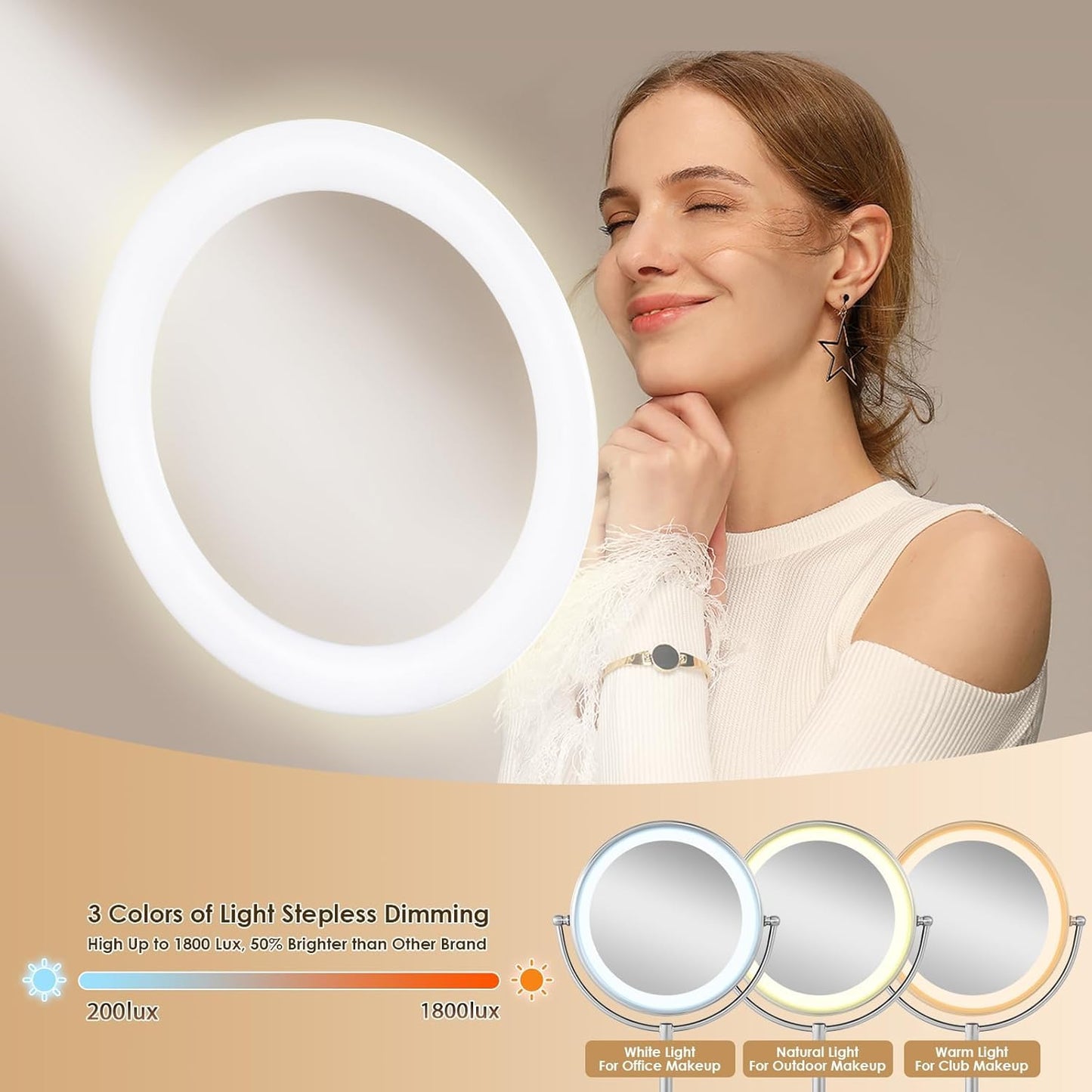 Lighted Makeup Mirror - 11-Inch Double-Sided 1X/5X Magnification | Adjustable Brightness & 360° Rotation