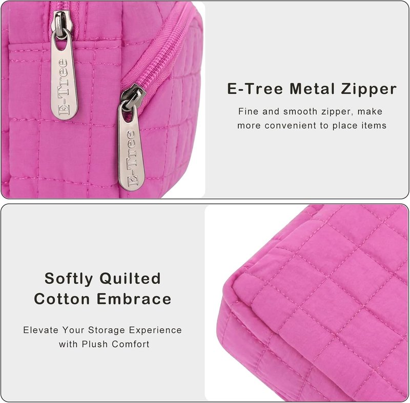 Quilted Makeup Bag - E-Tree Puffer Cosmetic Pouch for Women | Travel Toiletry Organizer Case (Pink)