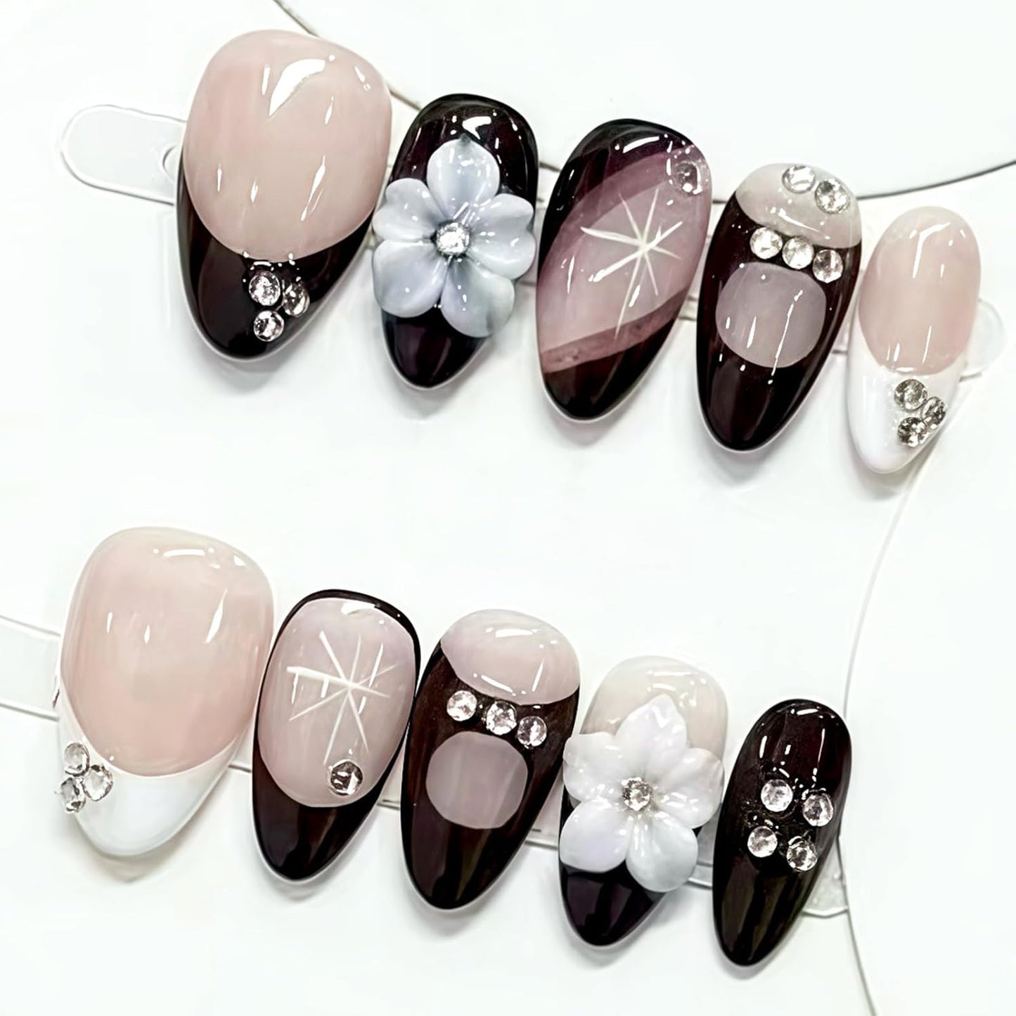 French Tip Press-On Nails - Medium Almond Red Bow Design | Reusable Pink Acrylic 30 Pcs