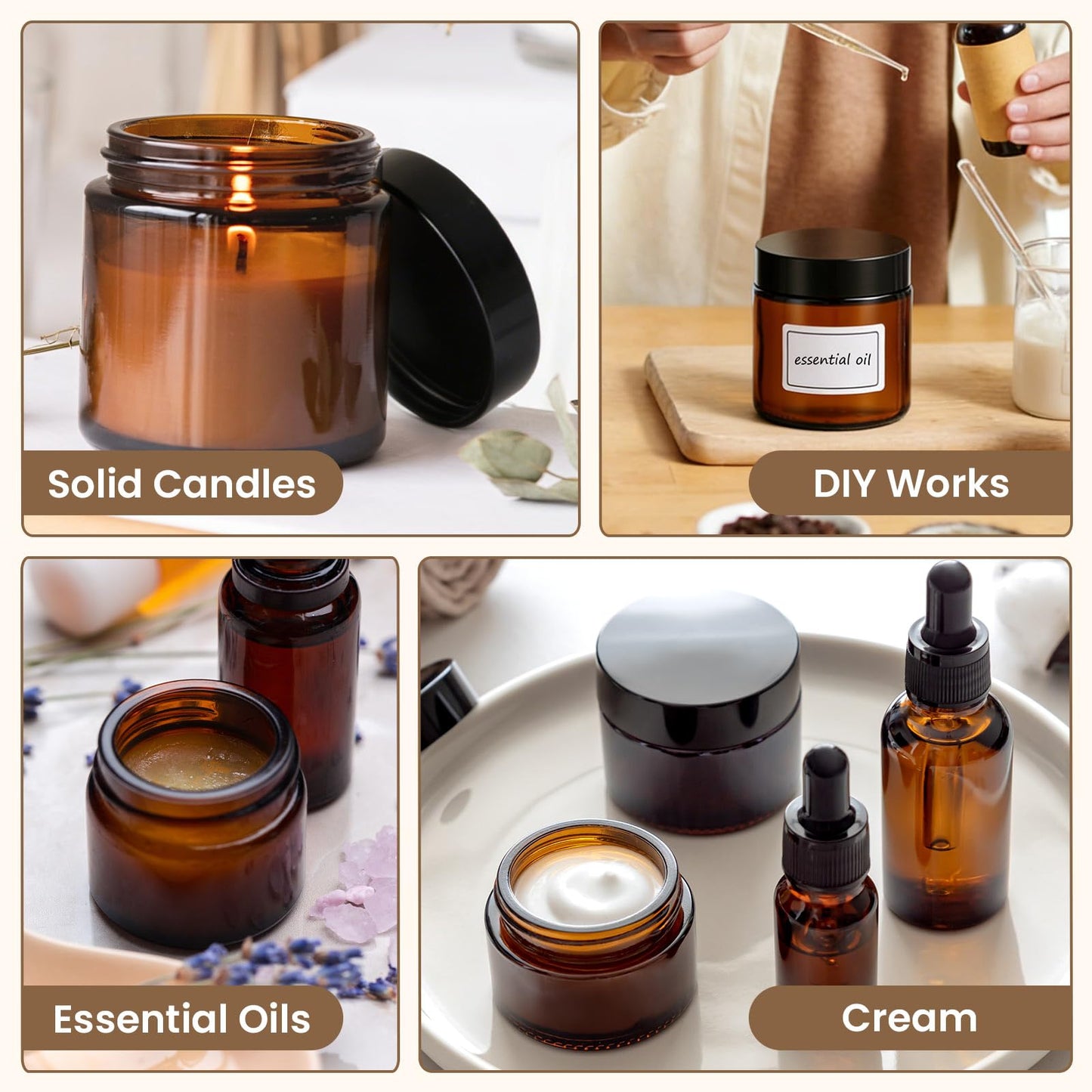 40 Pcs 2 oz Glass Jars with Lids, Amber Glass Jars with 40 Labels & 10 Spatulas, Inner Liners, LeakProof, UV-Protective,Round Glass Containers for Essential Oils, Spices, Candle Making,DIY
