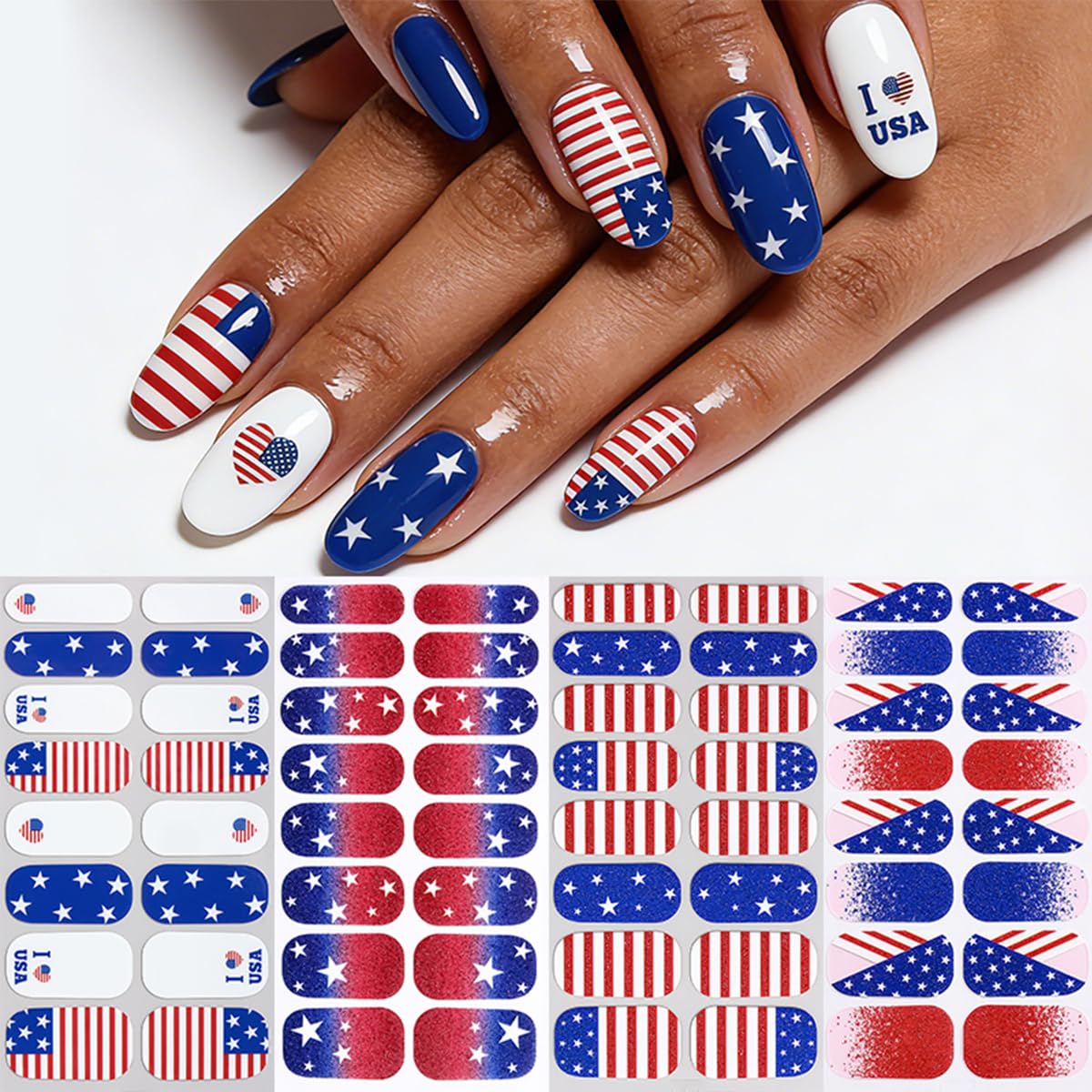 4Sheets 4th of July Gel Nail Strips Stickers Independence Day Full Wrap Nail Stickers American Flag Star Design Patriotic Nail Polish Strips 3D Self Adhesive Summer Holiday Nail Wraps Decals for Women