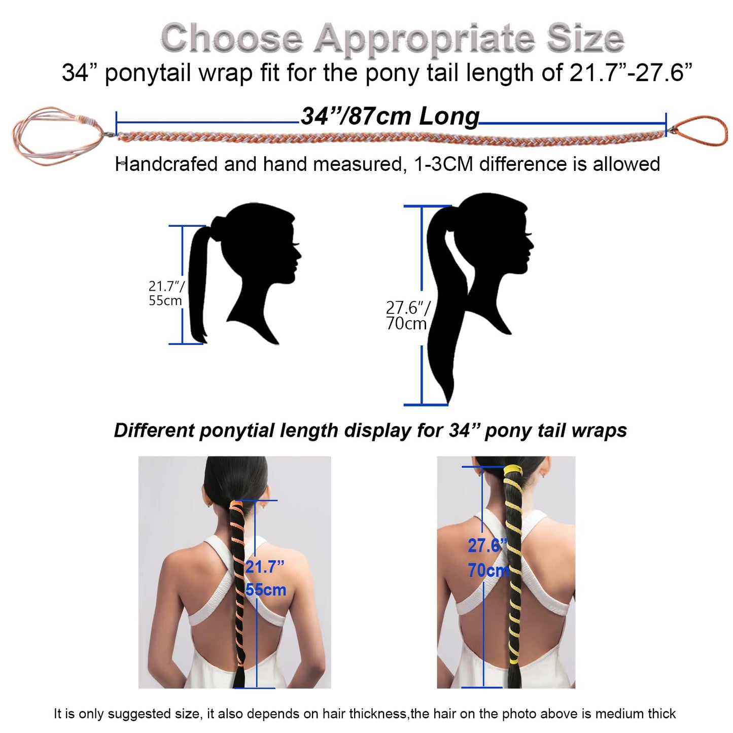 Black Elastic Spiral Hair Ties for Long Thick Curly Hair, 34" Soft Ponytail Holders Braided Pony Tails Wrap Hair Tie for Women Girls Stretchy Hair Bands for Swimming Beach Workout Bike GYM- Single