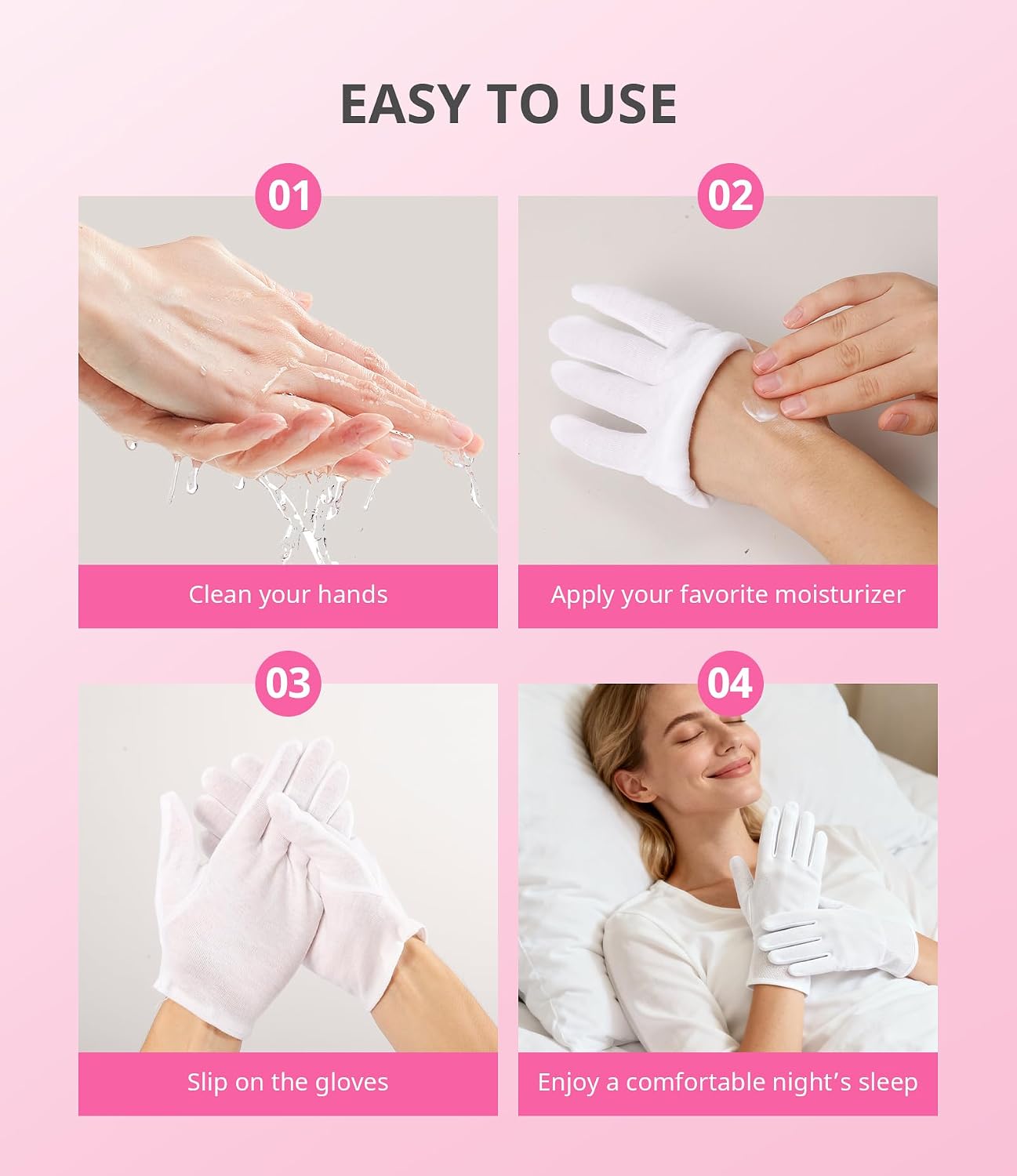 White Cotton Gloves for Moisturizing SPA | 2 Pairs with Laundry Bag for Dry Hands & Eczema - Regular Size