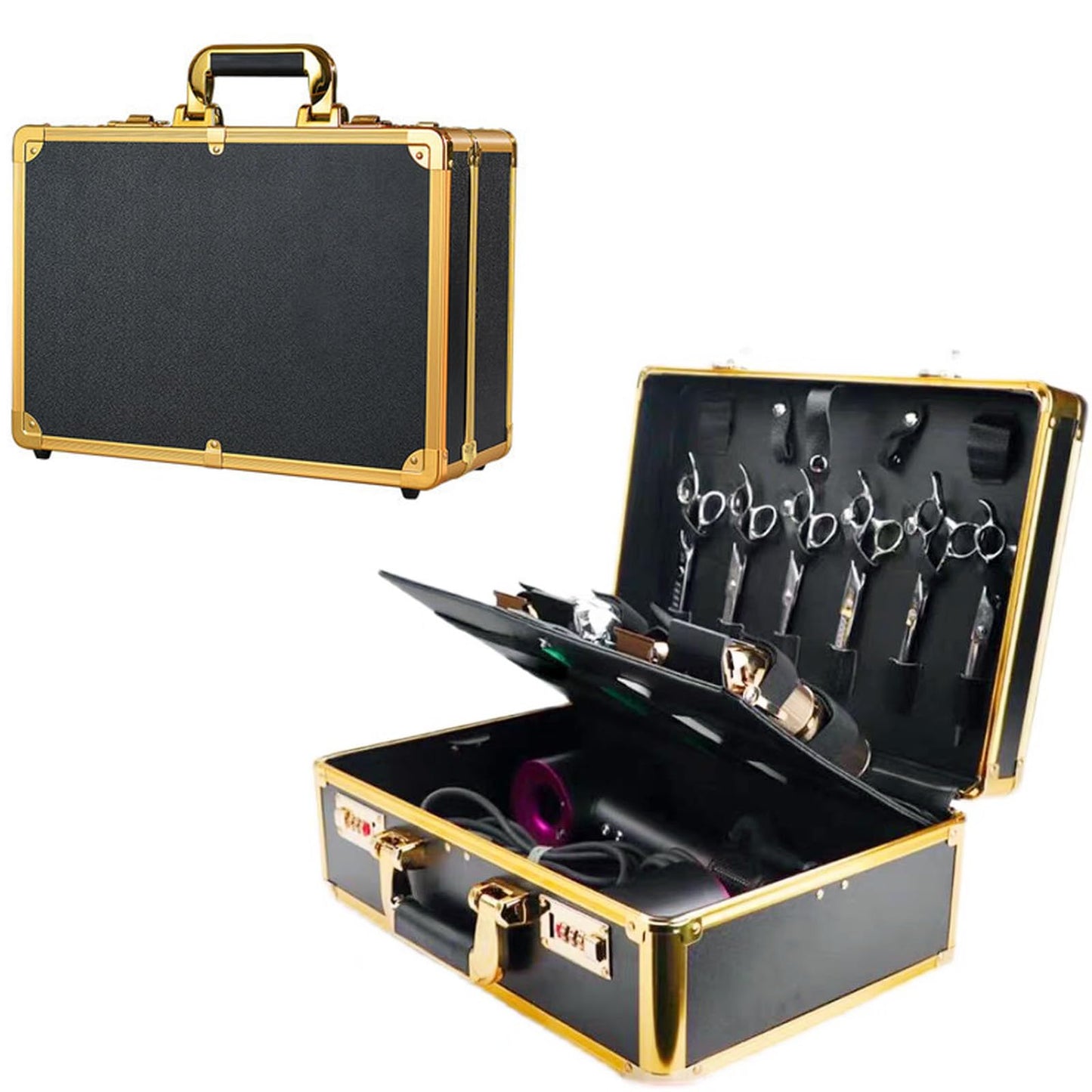 GGAIFbp Barber Accessories Case,Barber Briefcase Tool Case,Barber Carrying Cases for Clippers and Supplies,Double Layer Large Barbers Box Travel Organizer, Barber Suitcase Gold