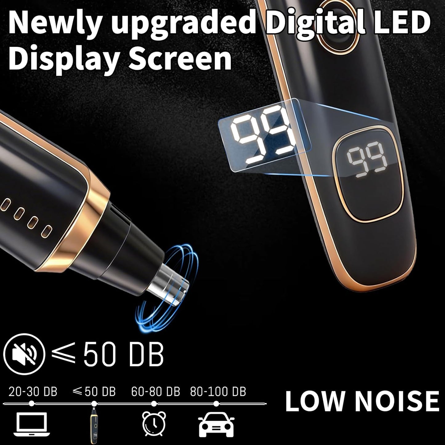 Nose and Ear Hair Trimmer - 2-in-1 LED Display USB Rechargeable | Portable Waterproof Facial Hair Removal (Black)