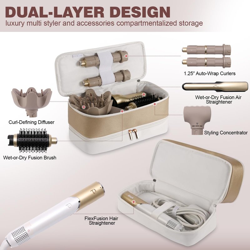 GENCAM Double Layer Travel Case for Shark Flex Fusion/Glam Ceramic, Flexfusion Storage Bag for HD641S HD641 HD642 HD642S, Carrying Case Compatible with Dyson Airwrap Shark Flexstyle (Golden White)