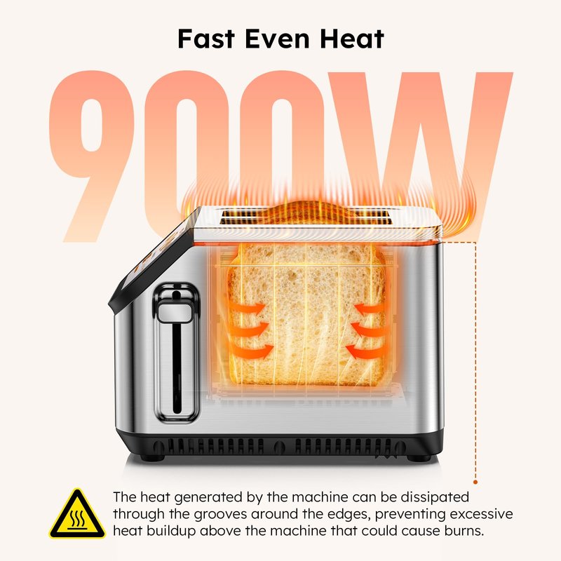 Smart Toaster 2 Slice Wide Slot LCD Touch Screen, Stainless Steel Toaster with Memory Function, 10 Bread Types & 6 Shade Settings, Fast Even Toast, Removable Crumb Tray, 900W