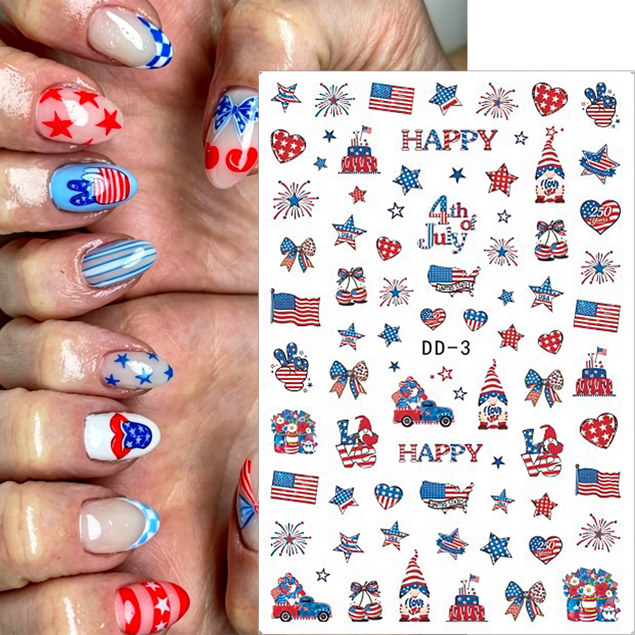 6Sheets 4th of July Nail Stickers 3D Self-Adhesive Independence Day Patriotic Nail Decals Red White Blue Star Heart USA Flag Nail Art Stickers for Women Fourth of July Nail Art Design Party Decoration