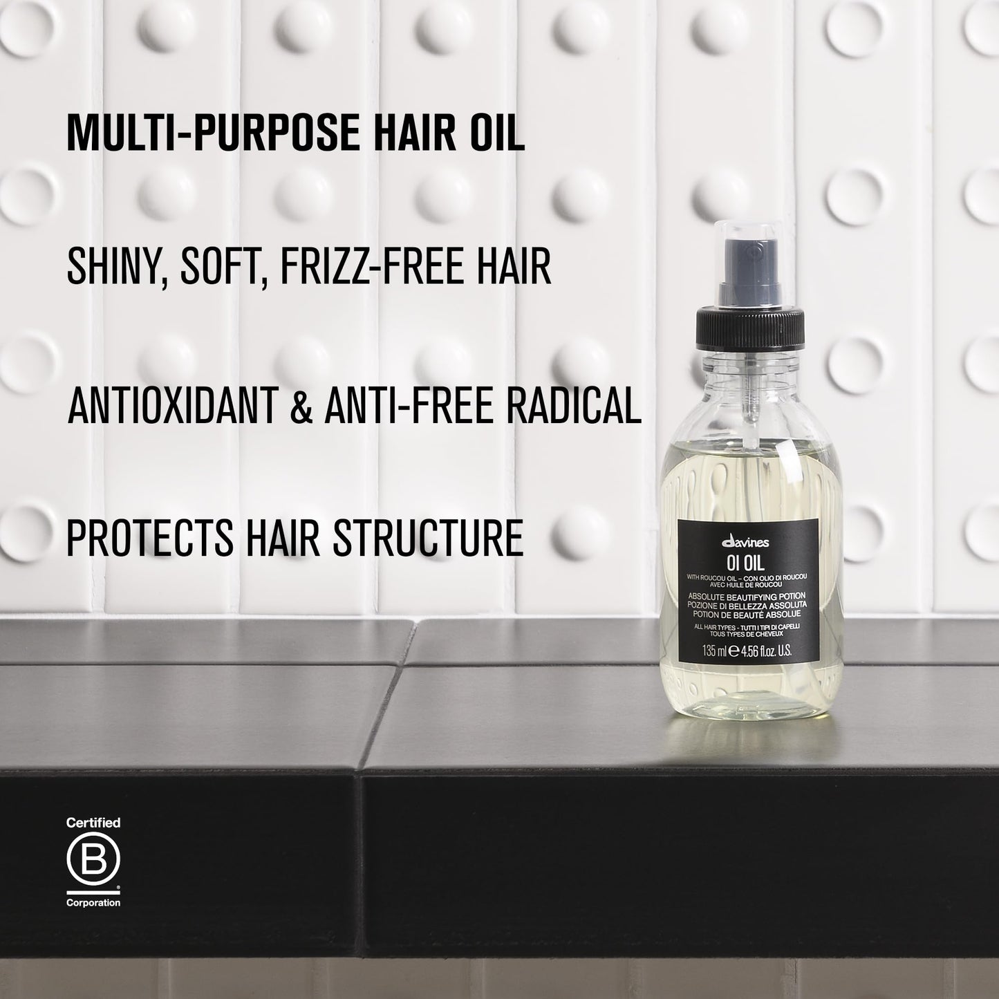 Davines OI Oil, Multi-Function Potion for All Hair Types - Weightless Anti-Frizz & Shine-Enhancing Serum with Roucou Oil - Detangles & Replenishes Moisture Hydrating Treatment, 4.56 Fl Oz