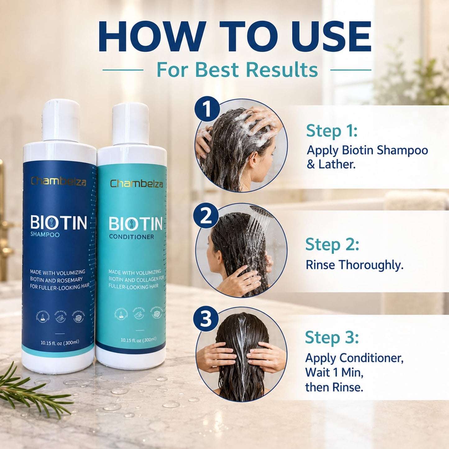 Biotin Shampoo & Rosemary Conditioner Set - Anti-Hair Loss Shampoo and Conditioner for Men and Women - Formulated for Fine Hair - Targets Thinning Hair and Hair Loss - 10.15 fl oz