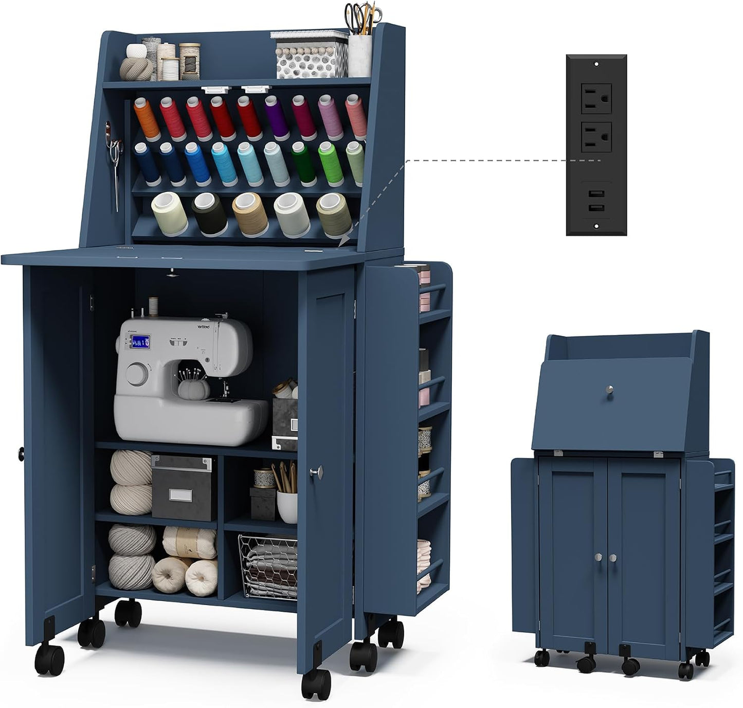 Portable Sewing Table - Folding Sewing Machine Cabinet with Charging Station | 23 Spools Thread Rack for Small Spaces (White)