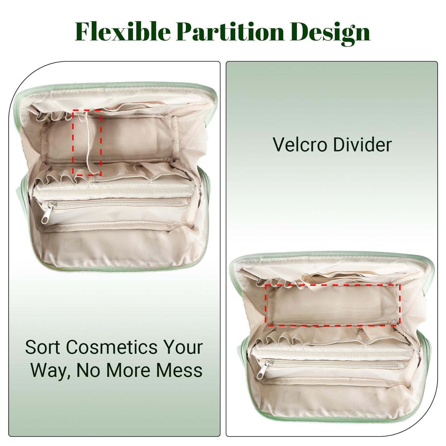 Travel Makeup Bag, Large Capacity Toiletry Bag, Waterproof PU Leather Cosmetic Bag with Clear Dividers & Handle, Portable Lightweight Vertical Free-Standing Brush Holder for Men & Women(Green)