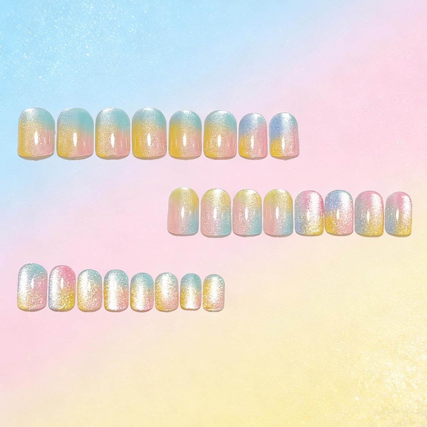Gradient Colorful Press-On Nails - Short Square Glitter Fake Nails | Reusable Candy Color Designs, 24 Pcs