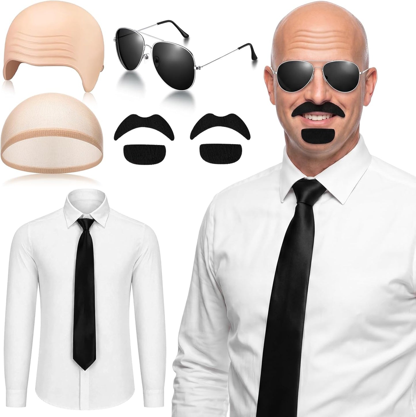 Bald Caps Set - 9 Pcs Costume Accessories for Men & Women | Includes White T-Shirt, Sunglasses, Tie & Mustache