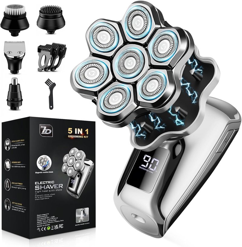 7D Floating Blades Electric Razor - Head Shavers for Bald Men | IPX7 Waterproof 5-in-1 Grooming Kit