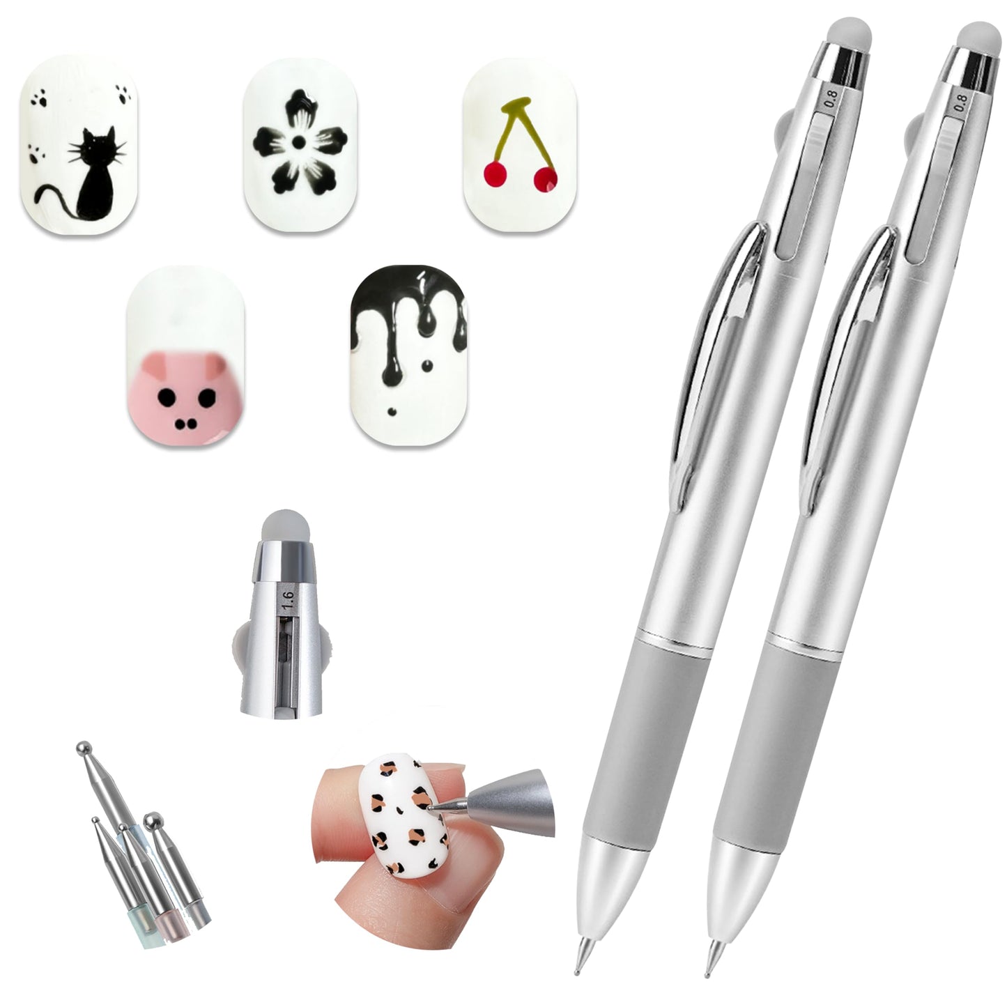Nail Dotting Pen 5 in 1 2 PACK, Ballpoint Pen Design Nail Dotting Tool for Manicure Art Painting with 4 Size Marking and Pressing Head, For Nail Art Painting, Rhinestones DIY and Salon