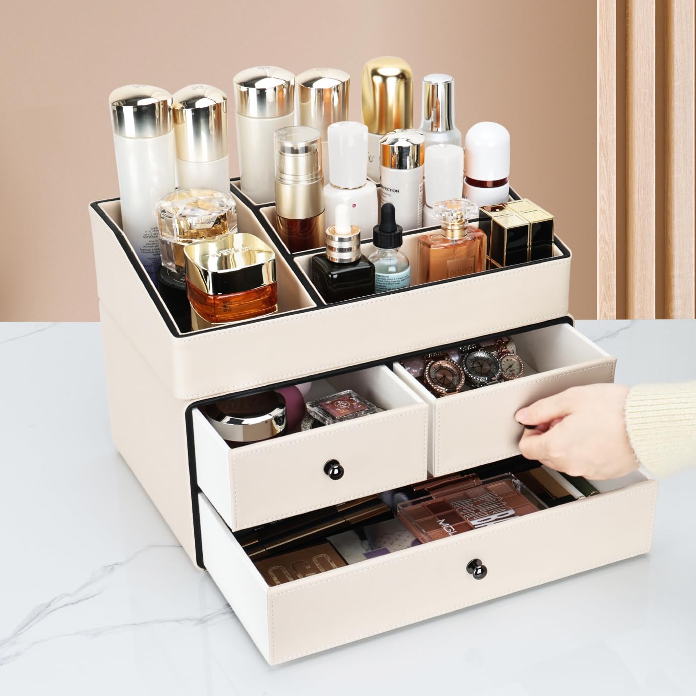 Leather Makeup Organizer - 3 Drawer 2 Tier Cosmetic Storage for Vanity & Bathroom | Beige
