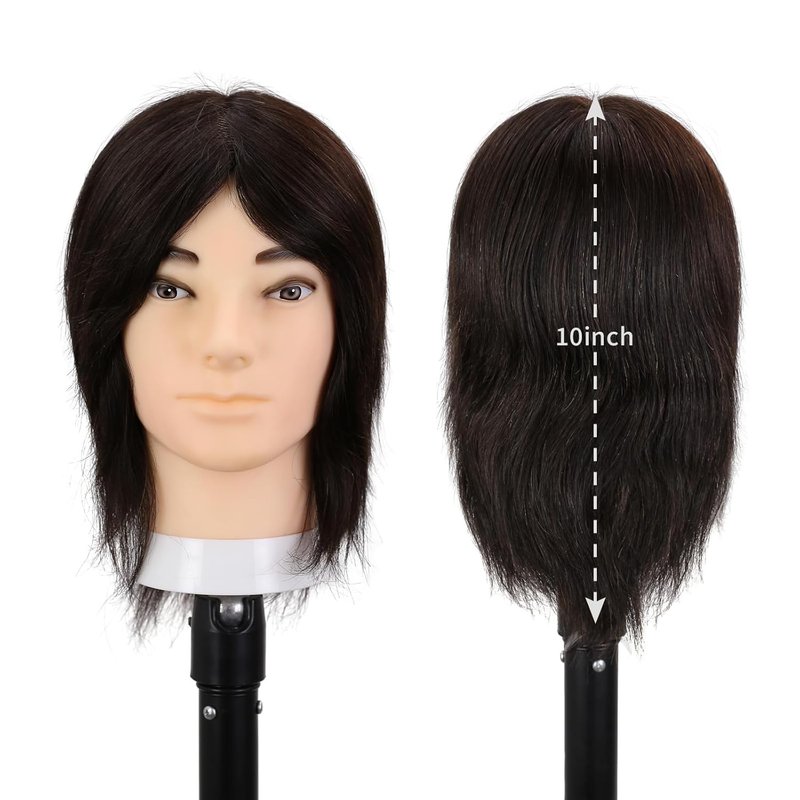 Realistic Male Mannequin Head - 10" Human Hair Training Manikin for Hair Cutting & Styling | Black