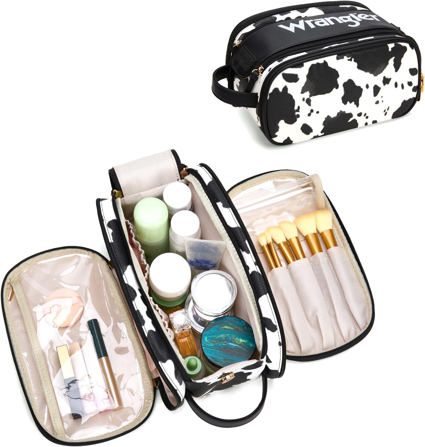Large Makeup Bag - Travel Toiletry Organizer with Divider & Handle | Cowprint Design for Women