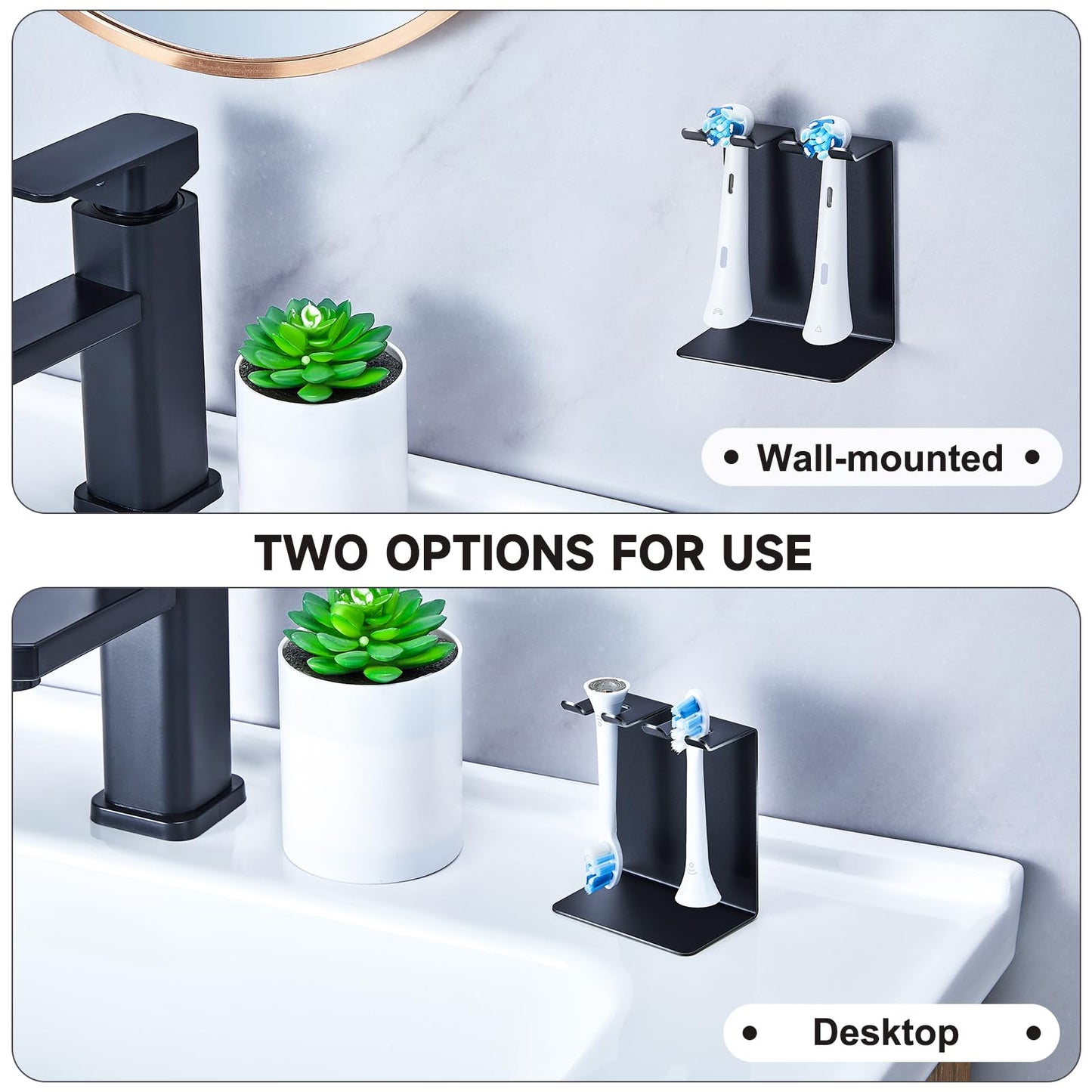 Electric Toothbrush Head Holder, Oukimly Toothbrush Holder Wall Mounted or Desktop, Metal Tooth Brush Holder, Shower Brush Head Holder, Electric Toothbrush Holder for Bathroom (Black, Small)