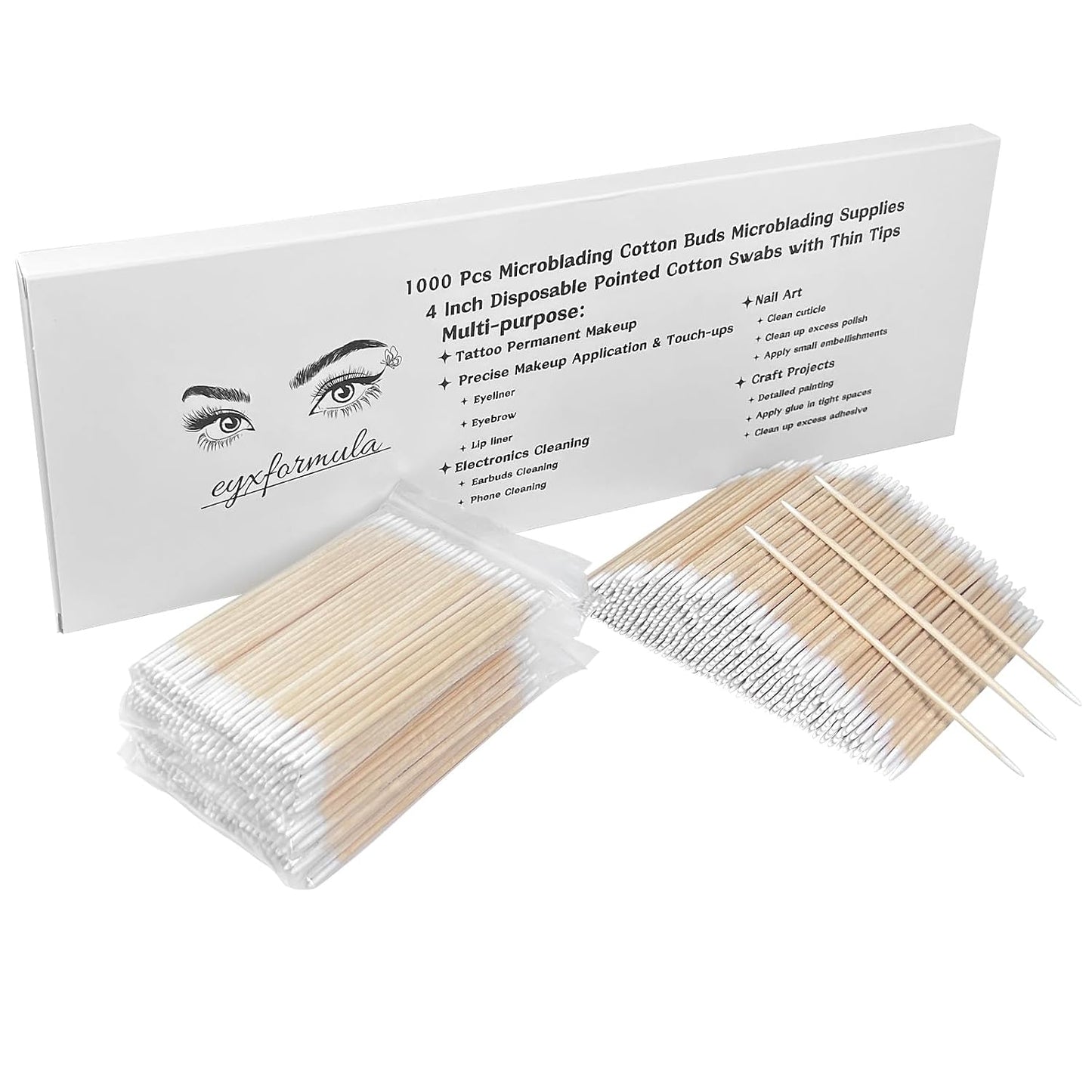 Eyxformula Pointed Cotton Swabs - 1000 Count Microblading Buds | 4 Inch Precision Tip Applicators for Makeup & Nail Care