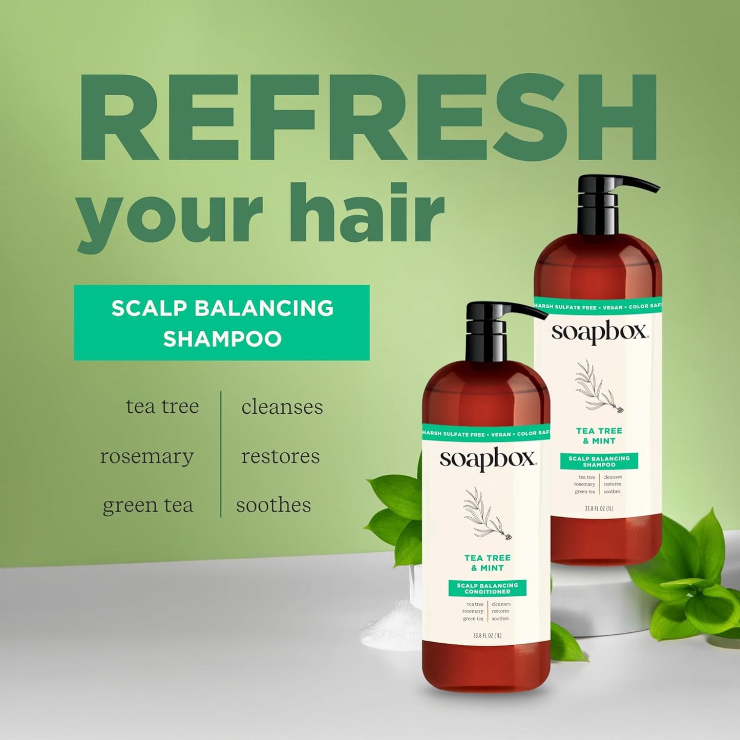 Tea Tree Oil & Mint Shampoo and Conditioner Set - Soothing, Chemical-Free Formula | 1 Liter Each