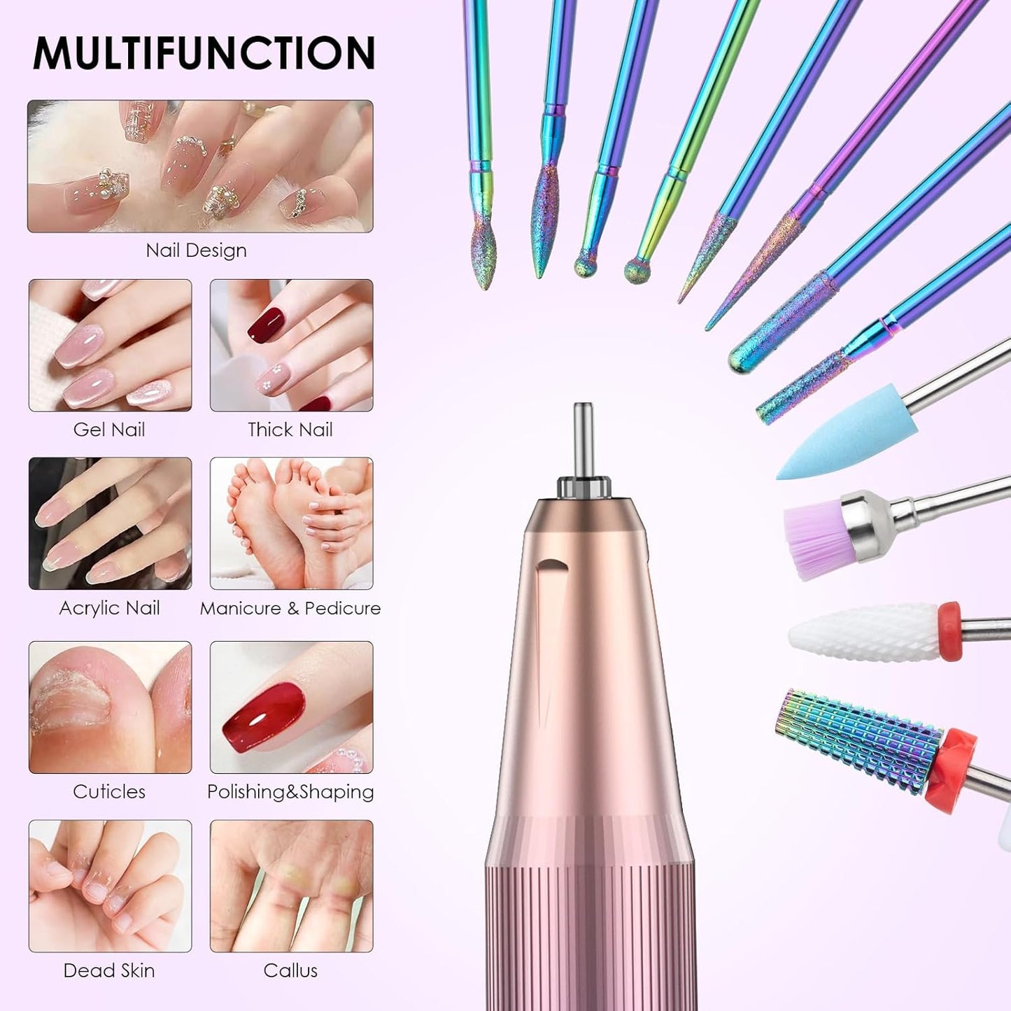 Electric Nail Drill - 40000RPM Professional E-Filer with 15 Bits | Portable Acrylic Gel Nail File (Purple)