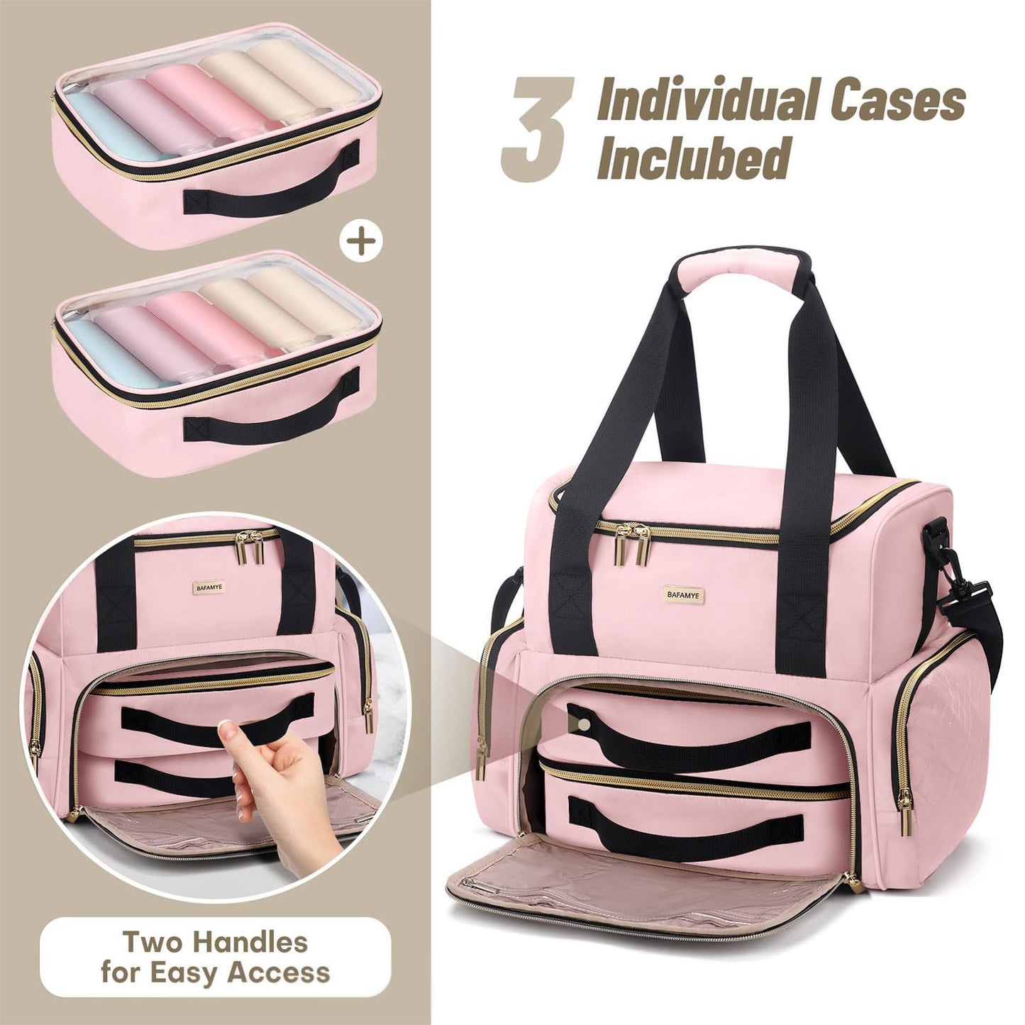 BAFAMYE Large Makeup Cosmetic Bag with 2 Removable Case, Double Layer Travel Makeup Organizer Case, travel Toiletry Bag For Women, Pink