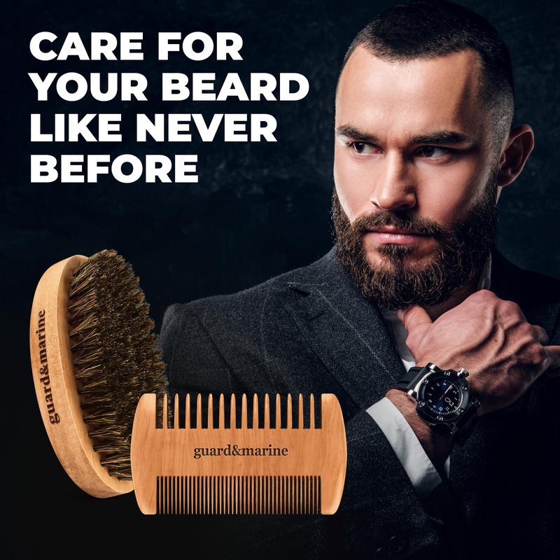 GUARD&MARINE Beard Brush & Comb Set - Natural Boar Bristle Wooden Brush & Beechwood Comb Kit for Men's Beard and Mustache Care and Shaping (Brown)