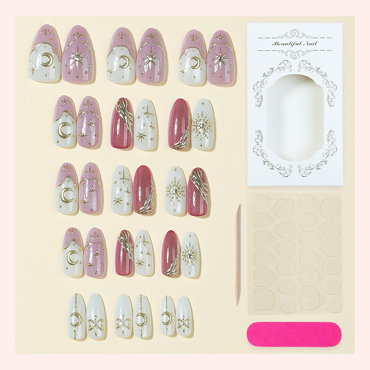 Almond Press-On Nails - Medium Length Pink French Tip with Gold Stars & Moon | 30 Pcs Full Cover Acrylic Nail Set for Women