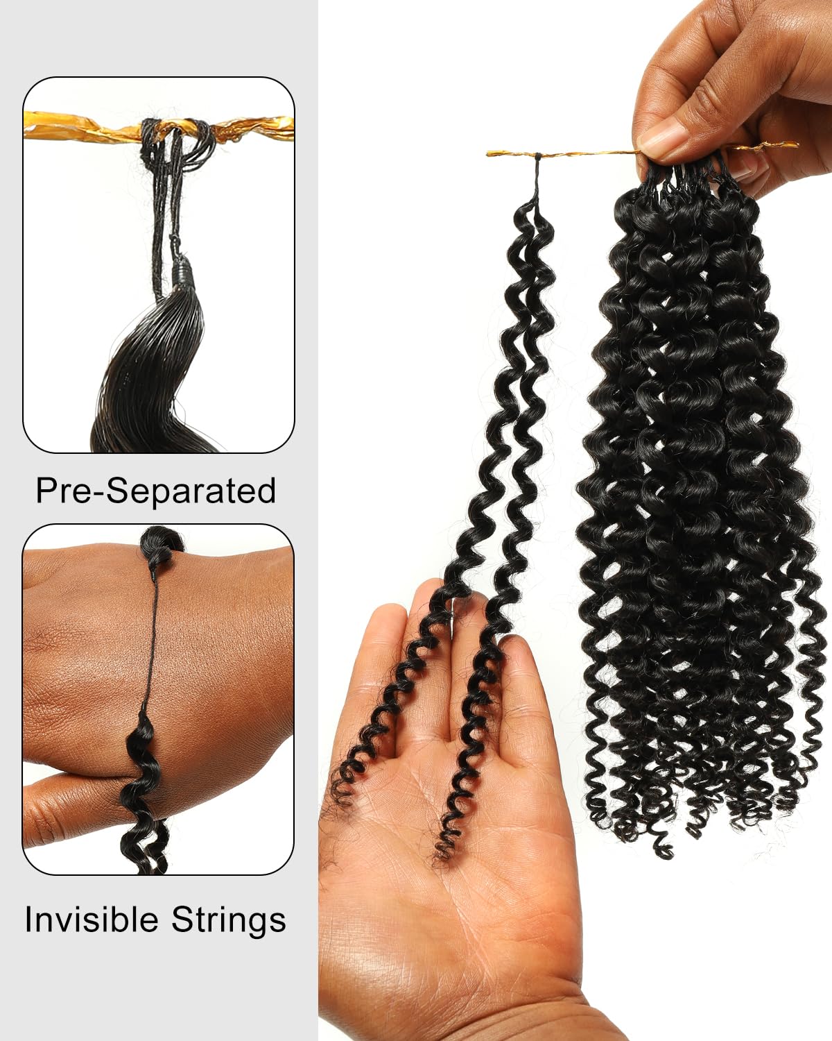 BEEOS Kinky Curly Human Crochet Hair 160g, Pre-Separated Knotless Invisible Crochet Human Hair Extensions for Women 20 Inch Natural Black