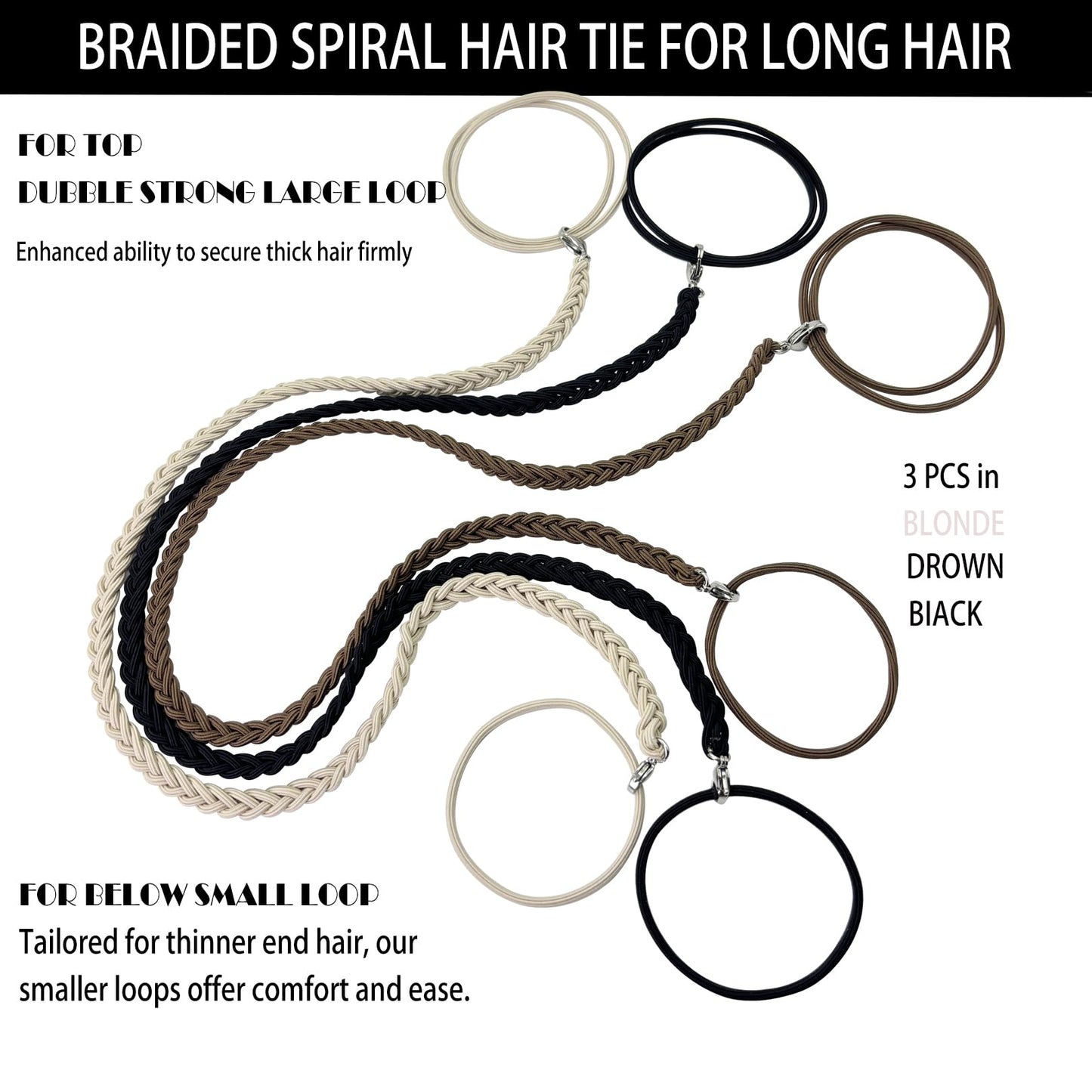 Spiral Hair Tie Sprots Ponytail Holders, 3 Packs 16" Elastic Braided Hair Ties No Damage, Pony Tail Wrap for Long Hair for Gym, Swimming, Diving Black Blonde Brown
