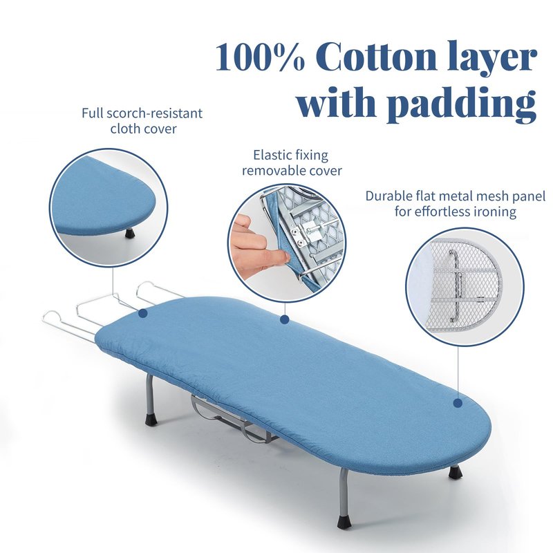 Metal Foldable Iron Board with Iron Holder, RAINHOL Small Ironing Board Tabletop with Heat Resistant Cover, 31x12 Mini Compact Ironing Table for Dorms, Aprtment, Blue