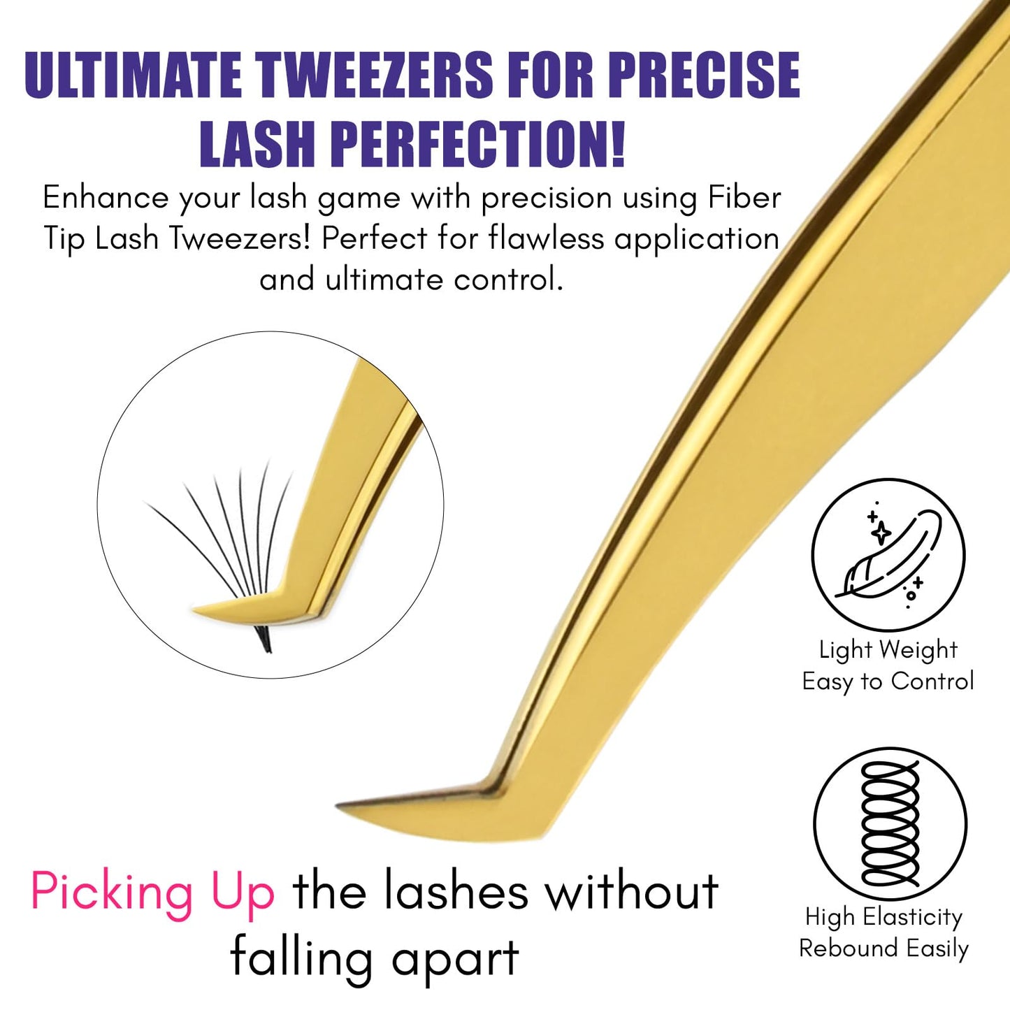 2pcs Fiber Tip Lash Tweezer Set – Boot Mega Volume Tweezer & Straight Isolation Tweezer, Precision Stainless Steel Lash Extension Tools, Non-Slip Grip, Tweezers for Classic & Volume Fans (Gold)