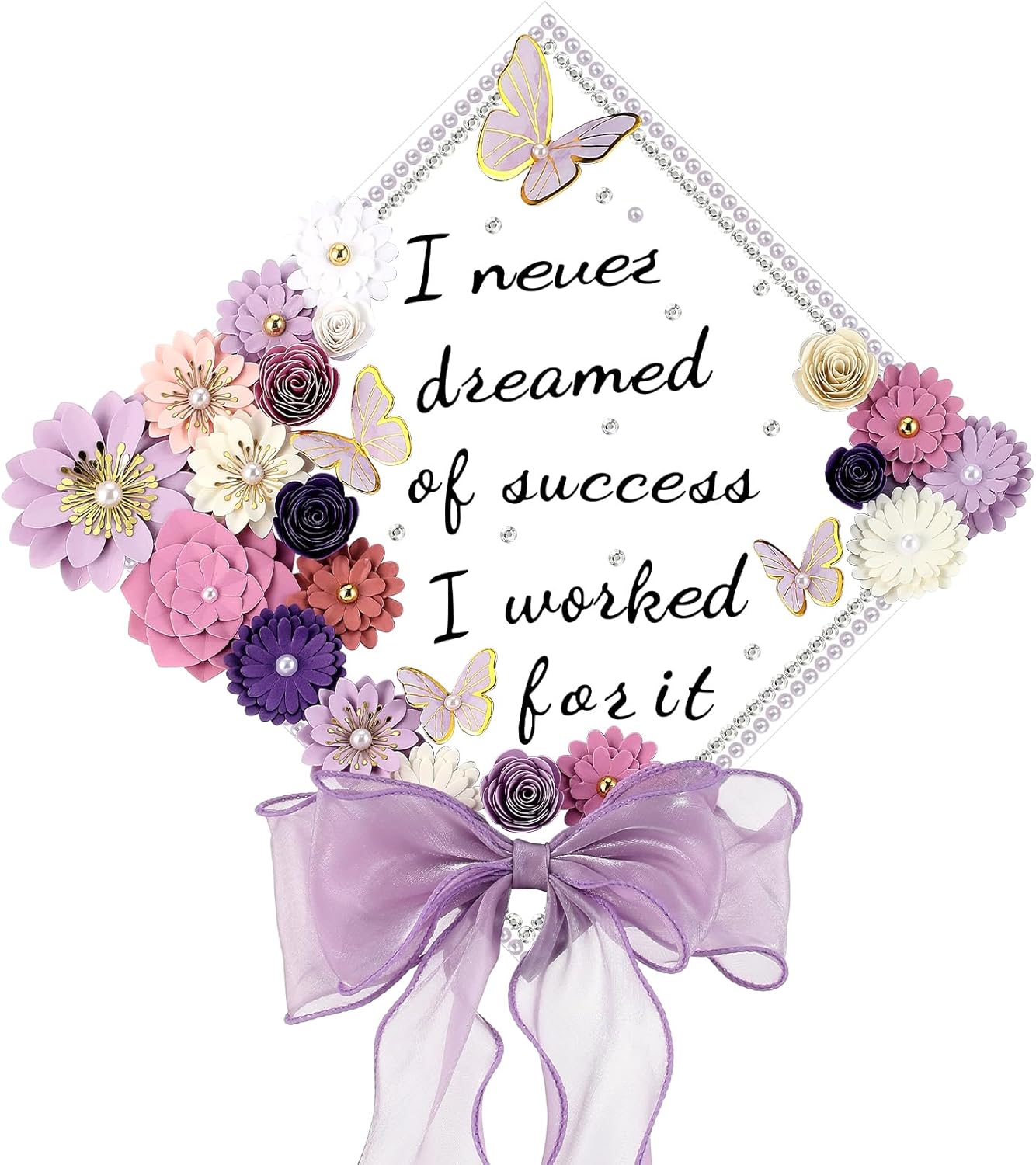 DIY Graduation Cap Decorations Kit - 46 Pcs with Paper Flowers, 3D Butterflies, Rhinestones & Ribbon Bow | Purple