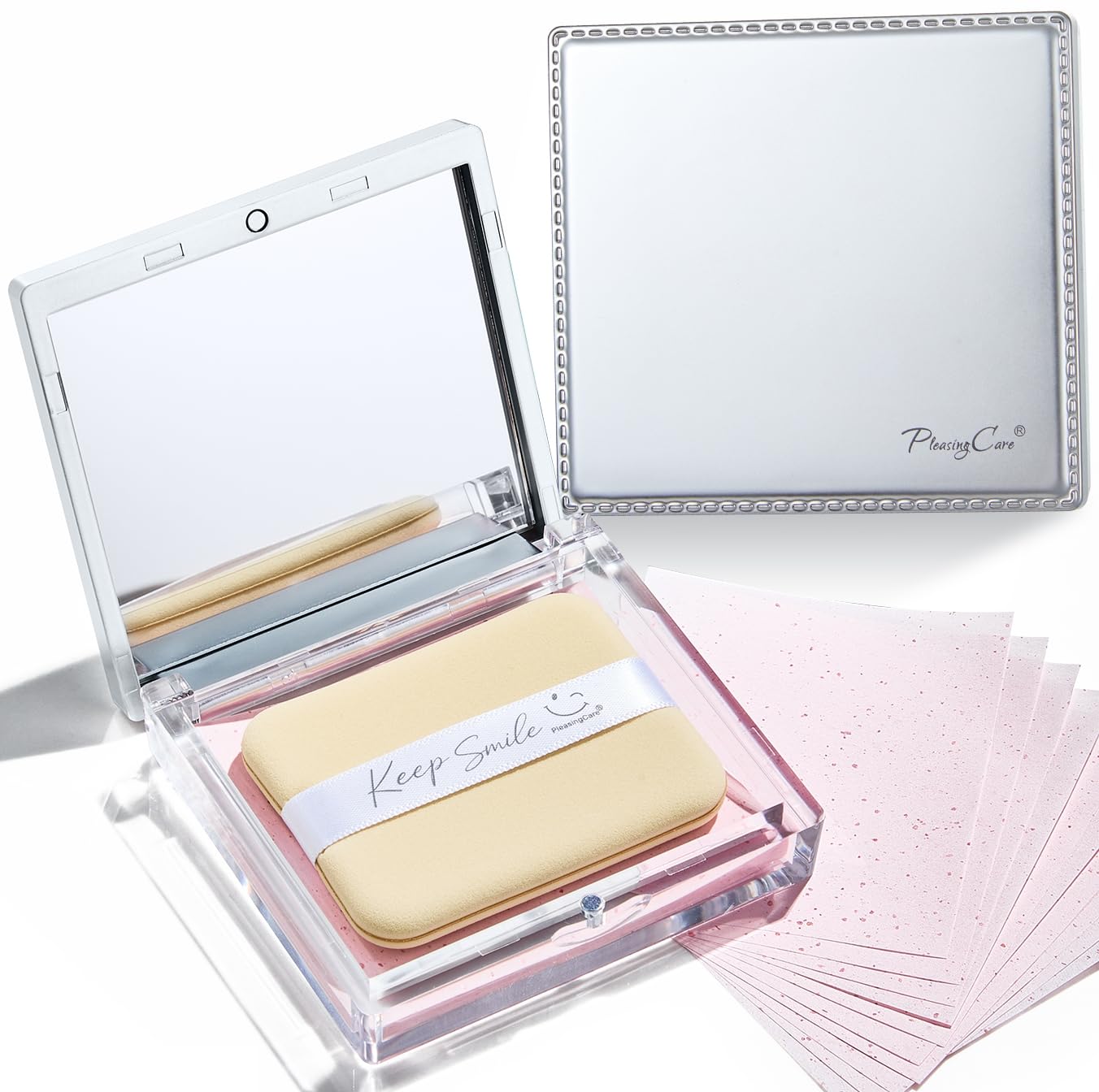 Blotting Papers for Face with Mirror and Puff, 100 Count Rose Oil Blotting Sheets for Oily Skin, Portable Compact for Purse, Travel, and On-the-Go Touch-Ups