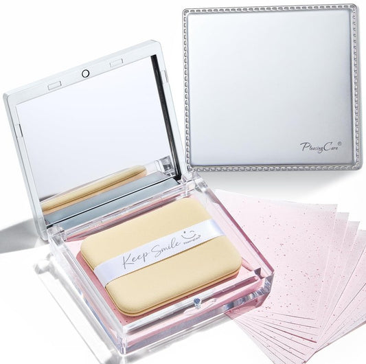 Blotting Papers for Face with Mirror and Puff, 100 Count Rose Oil Blotting Sheets for Oily Skin, Portable Compact for Purse, Travel, and On-the-Go Touch-Ups
