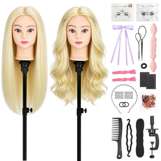 Mannequin Head with 90% Human Hair, 24" Hair Doll Head for Cosmetology & Hairdresser, Real Hair Manikin Doll Styling Head, Hairdressing Training Braiding Head with Table Clamp (Off-White C)