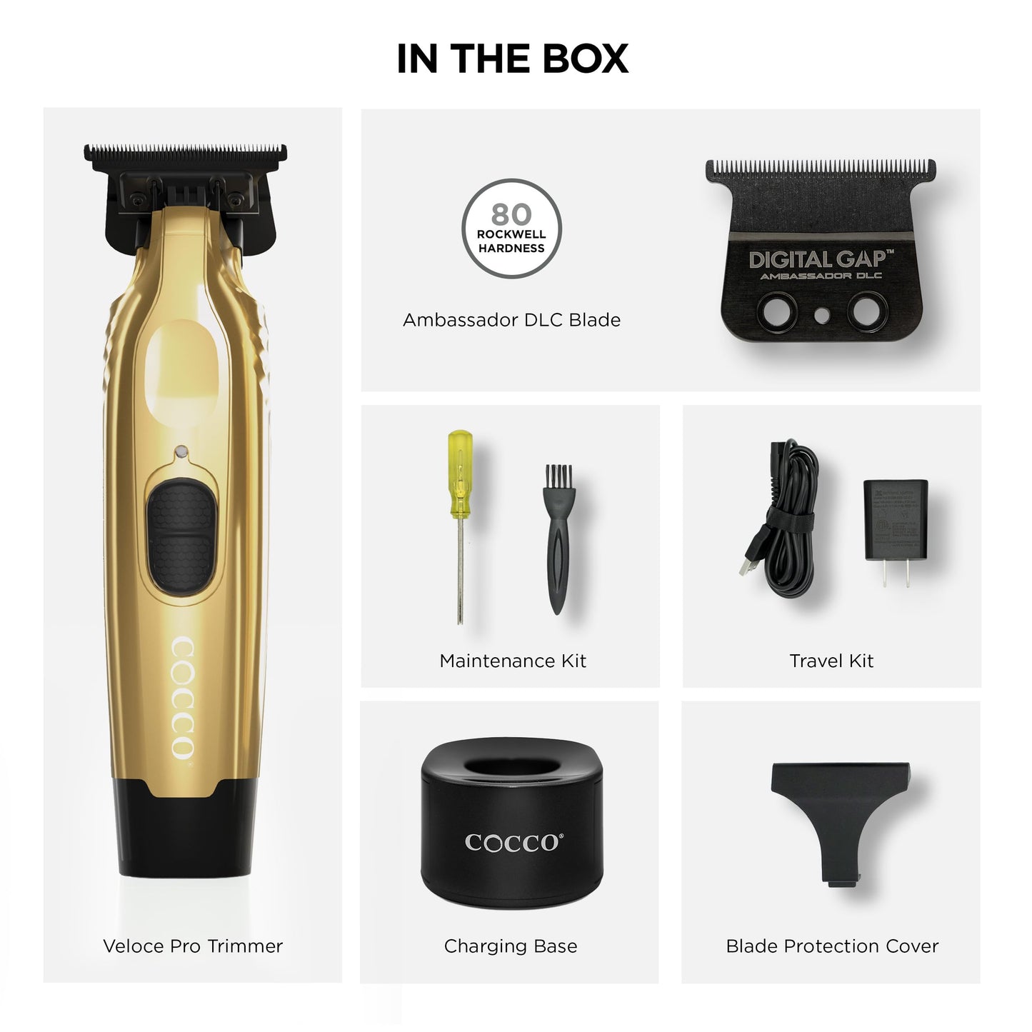 Cocco Veloce Pro Trimmer, Digital Gap Ambassador DLC Blade Edger, High-Torque Brushless BLDC Motor, Cordless, All-Metal Design, Lithium-Ion Battery, Charging Base Included, Gold