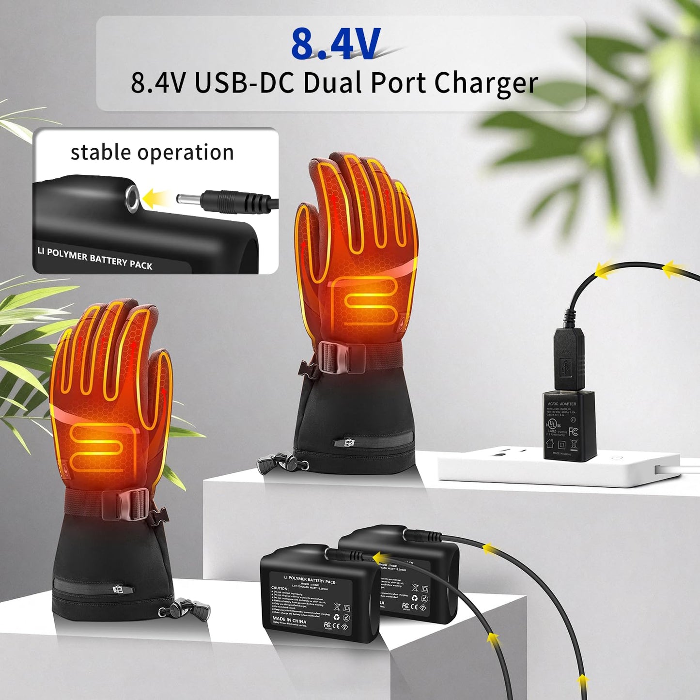 USB-DC Dual Port Charger 8.4V for Savior, Snow Deer, Sun Will Heated Gloves Socks Hats Vest Mittens Heating Pad Compatible with 7.4V SWB01 SWB03 2200 3000 3500mAh Rechargable Lithium Polymer Batteries